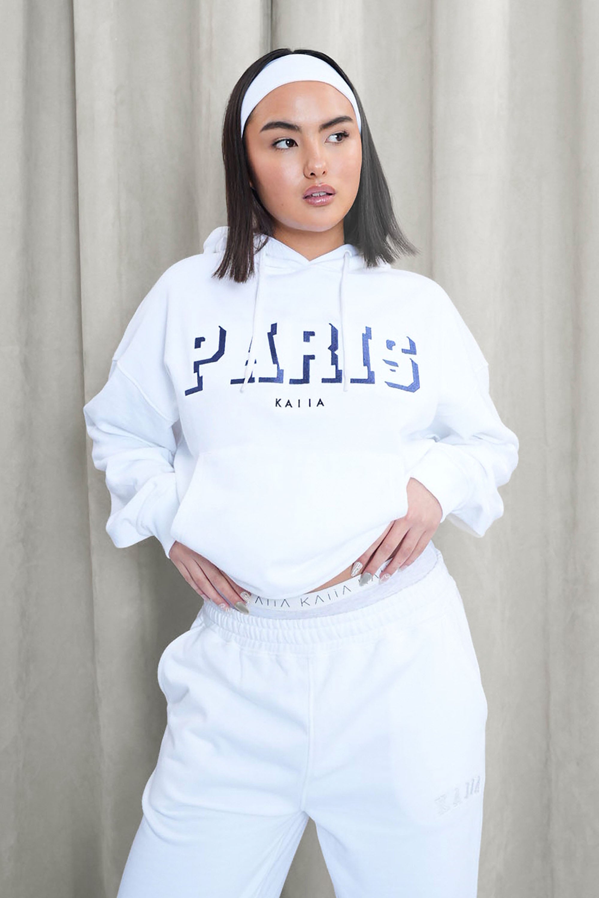 Kaiia Paris Shadow Logo Oversized Drawstring Hoodie White