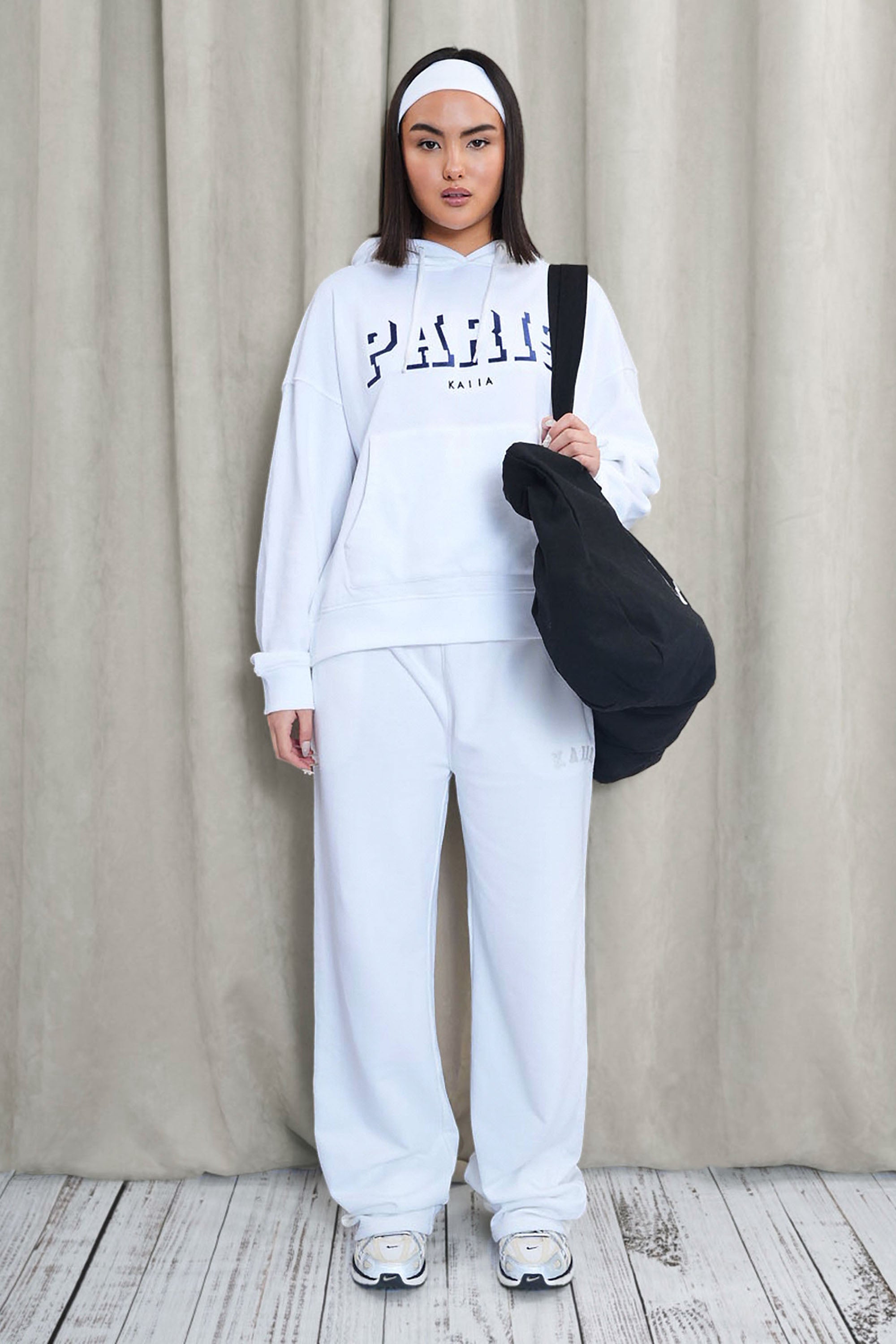 Kaiia Paris Shadow Logo Oversized Drawstring Hoodie White