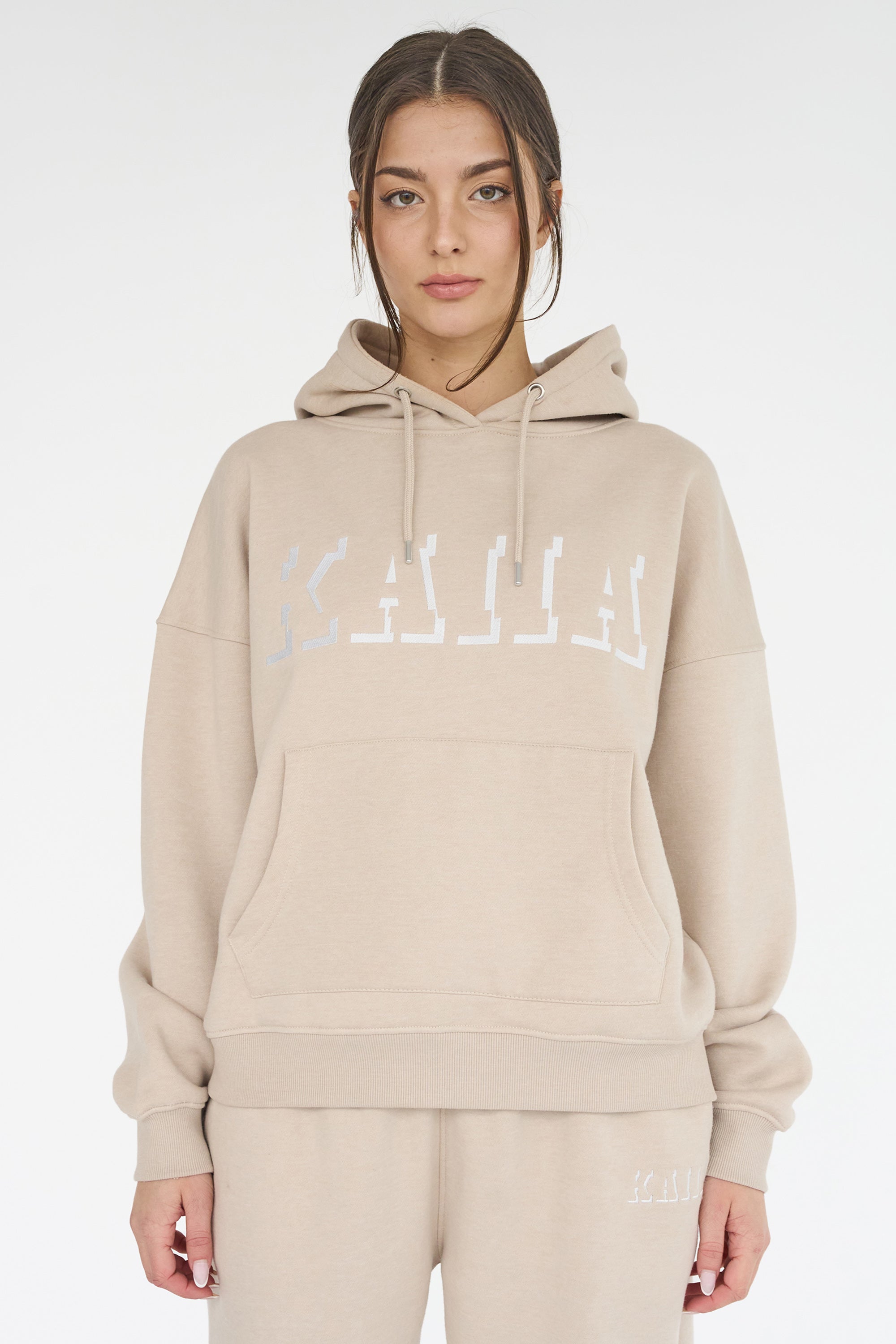 Kaiia Shadow Logo Oversized Drawstring Hoodie Stone