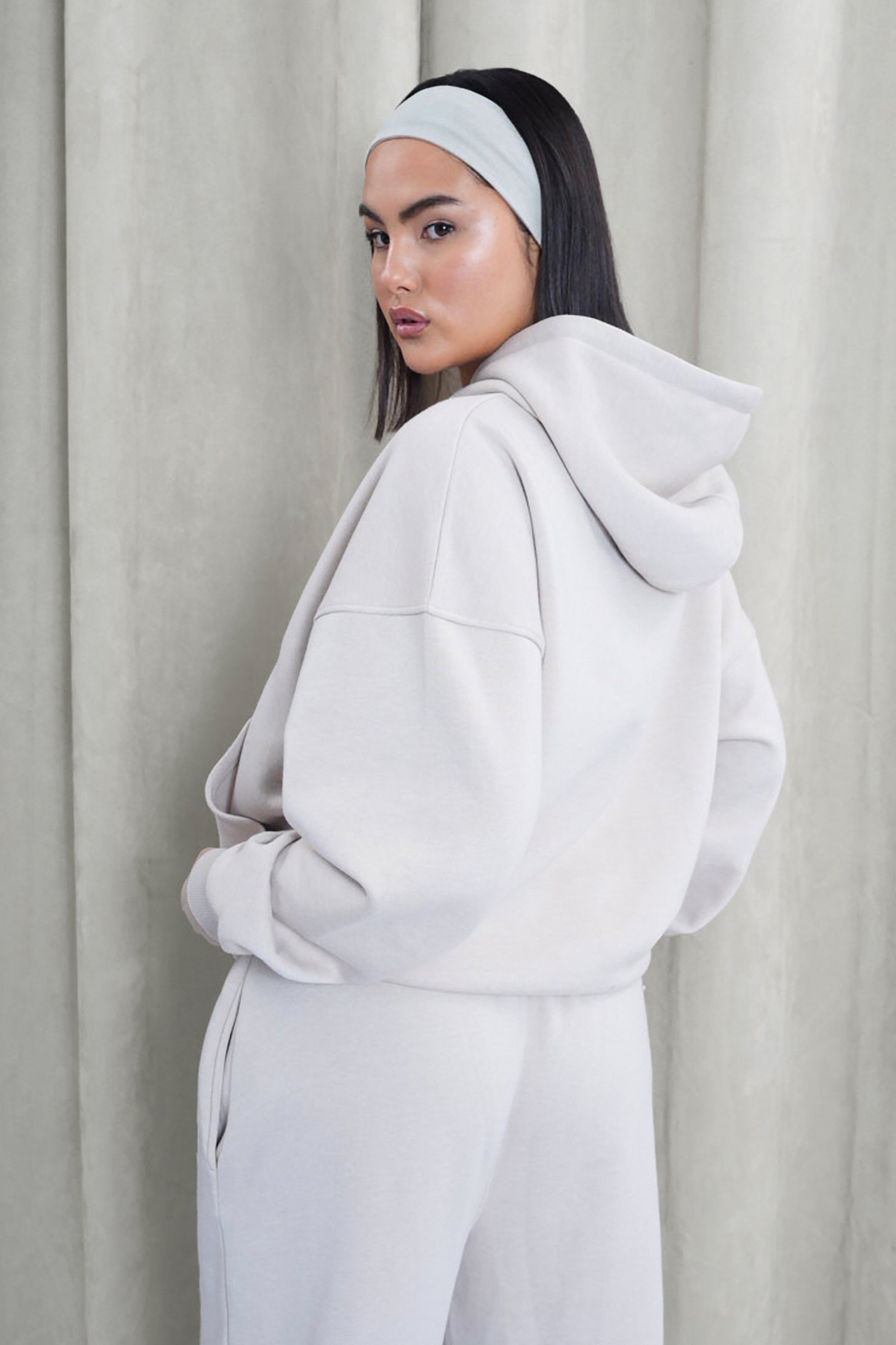 Kaiia Shadow Logo Oversized Drawstring Hoodie Stone