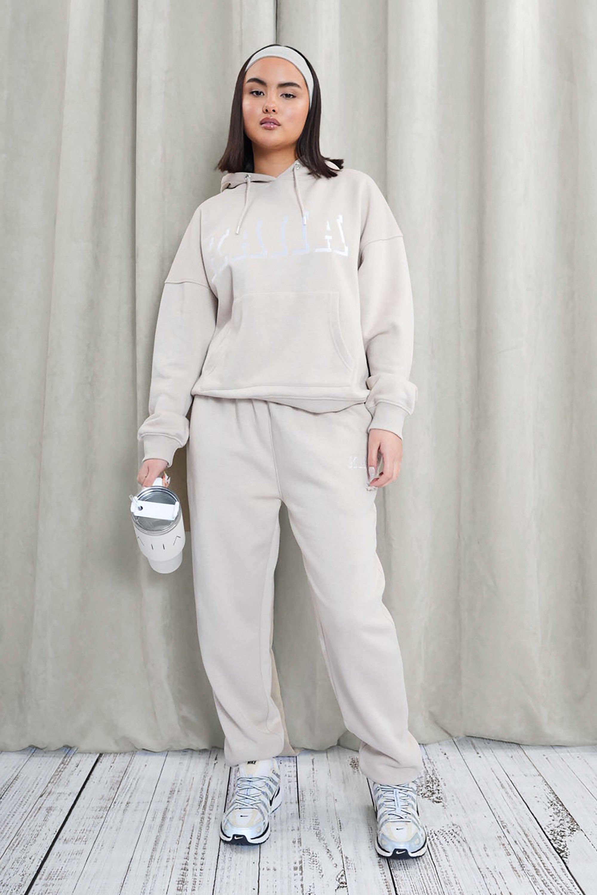 Kaiia Shadow Logo Oversized Drawstring Hoodie Stone