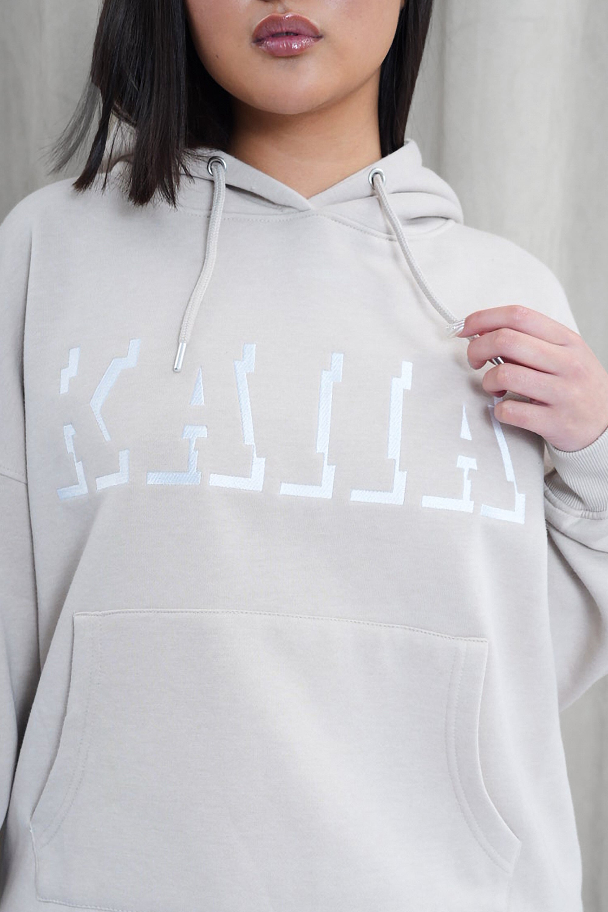 Kaiia Shadow Logo Oversized Drawstring Hoodie Stone