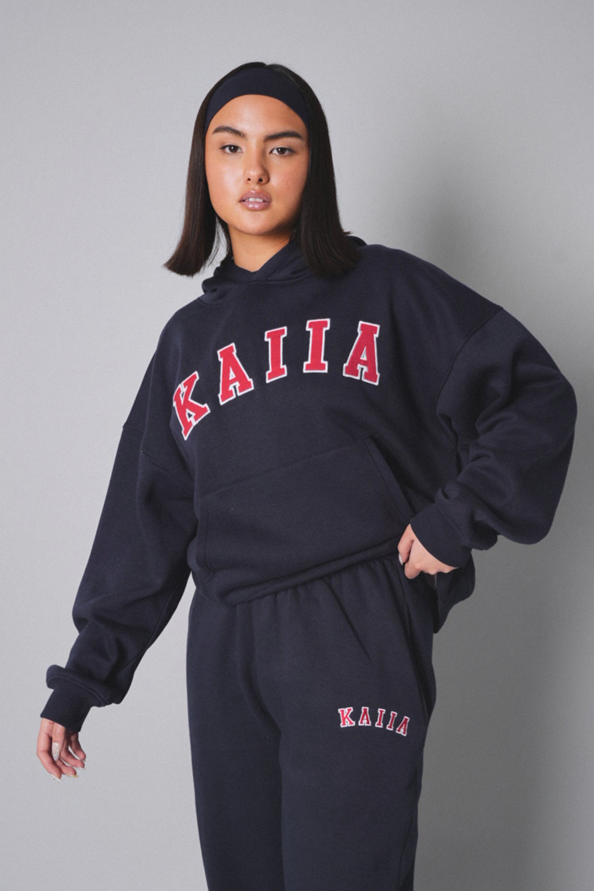 Kaiia Slogan Oversized Hoodie Navy With Red