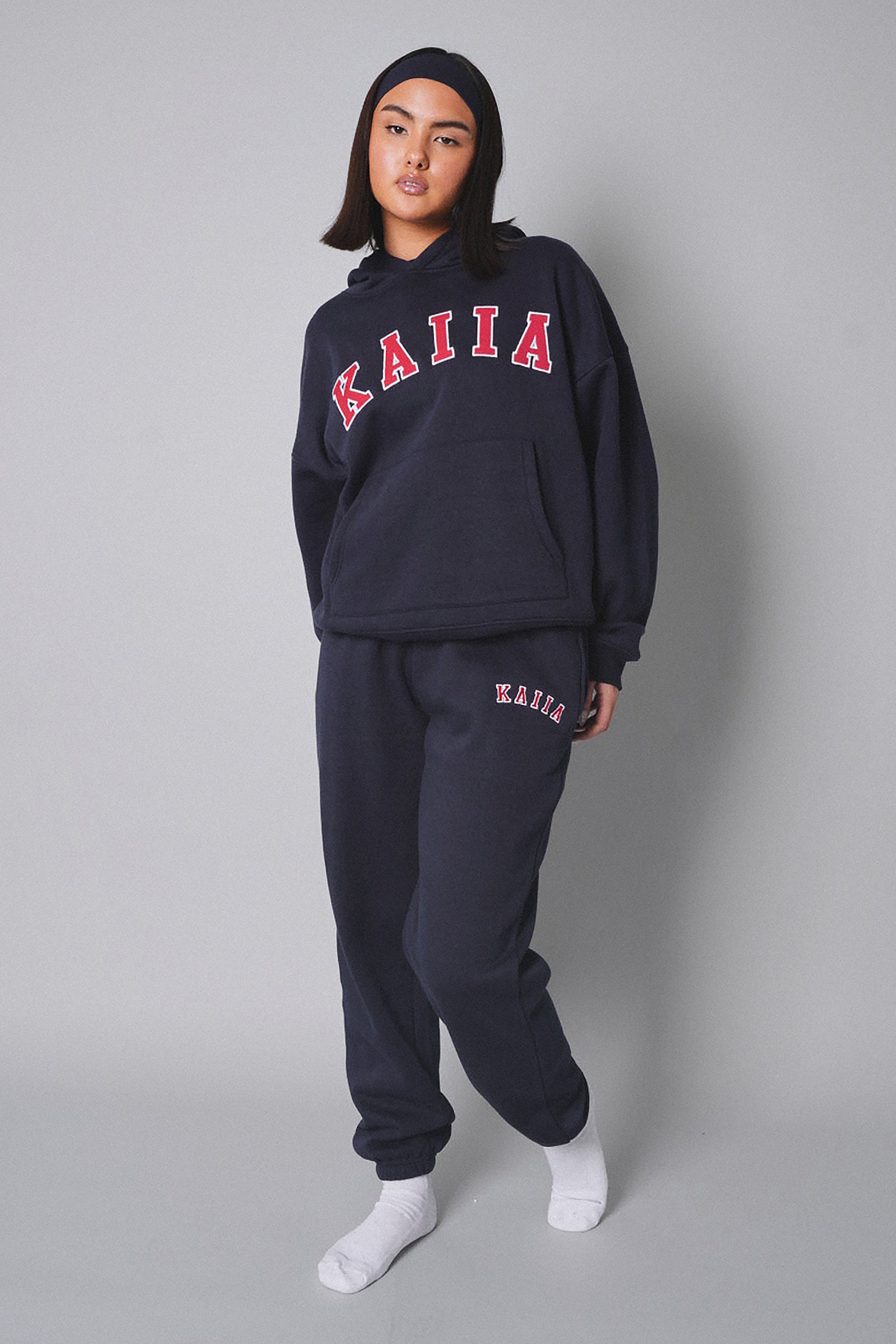 Kaiia Slogan Oversized Hoodie Navy With Red