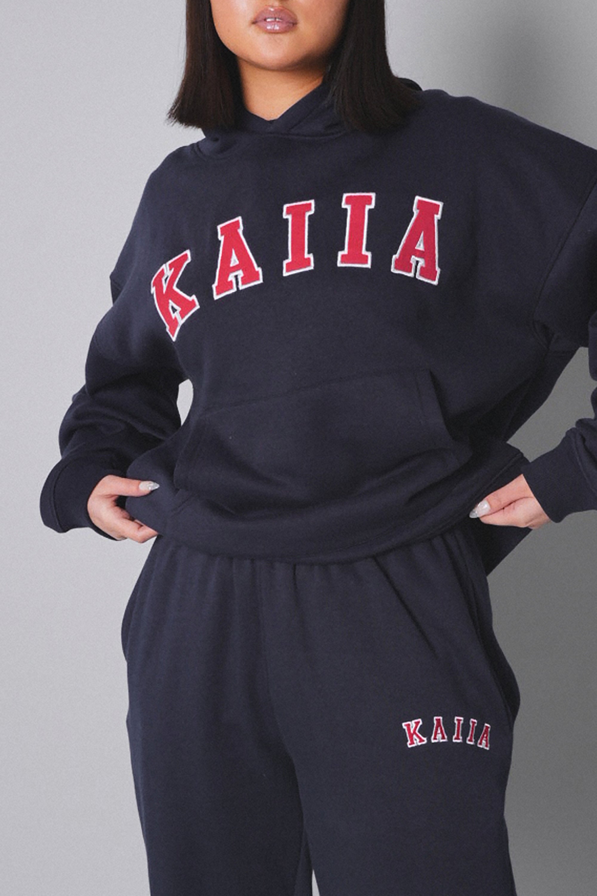 Kaiia Slogan Oversized Hoodie Navy With Red