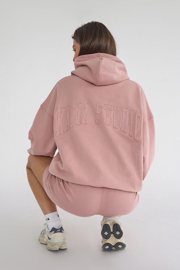 Kaiia Studio Back Distressed Applique Logo Hoodie Blush