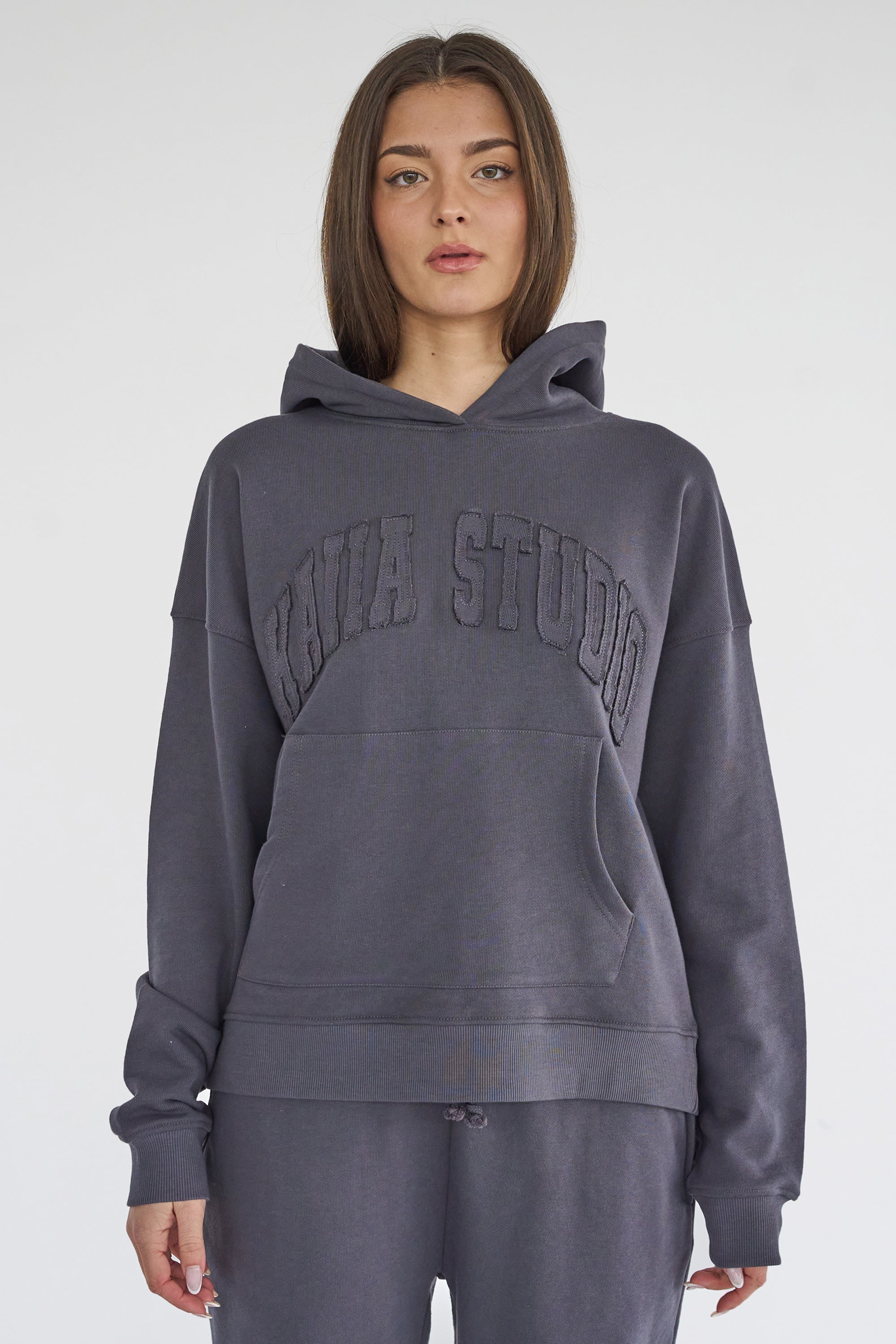 Kaiia Studio Distressed Applique Hoodie Dark Grey