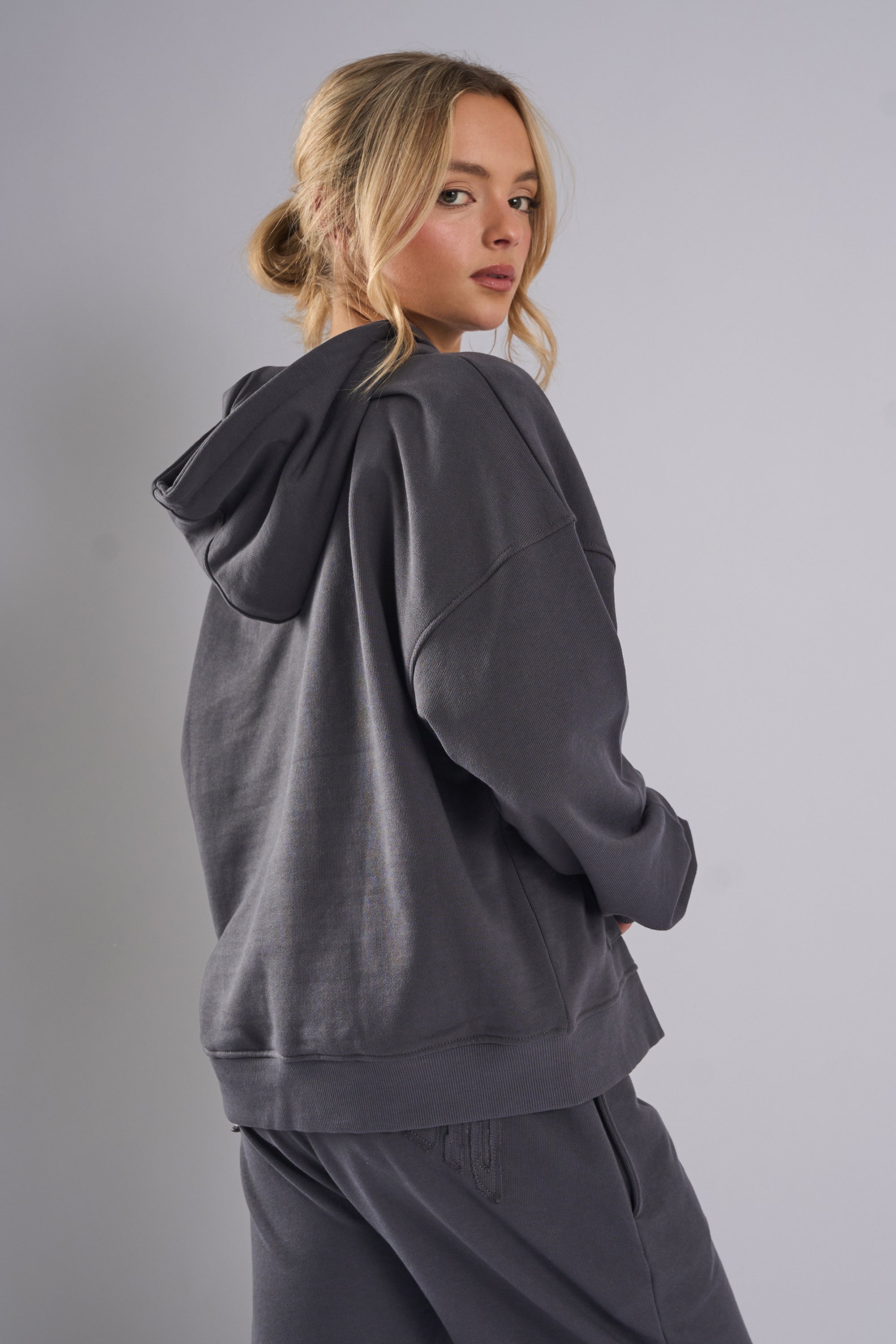 Kaiia Studio Distressed Applique Hoodie Dark Grey