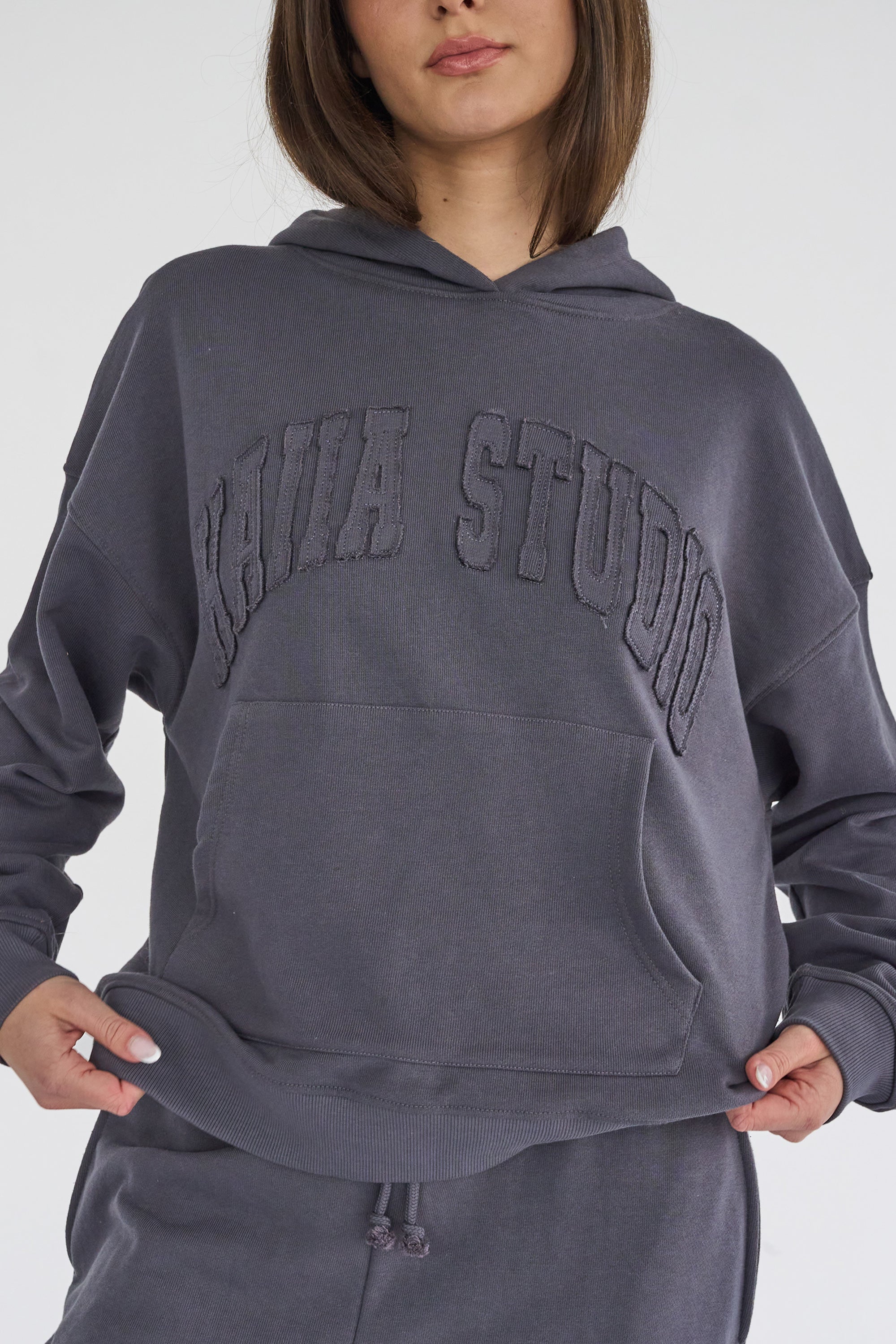 Kaiia Studio Distressed Applique Hoodie Dark Grey