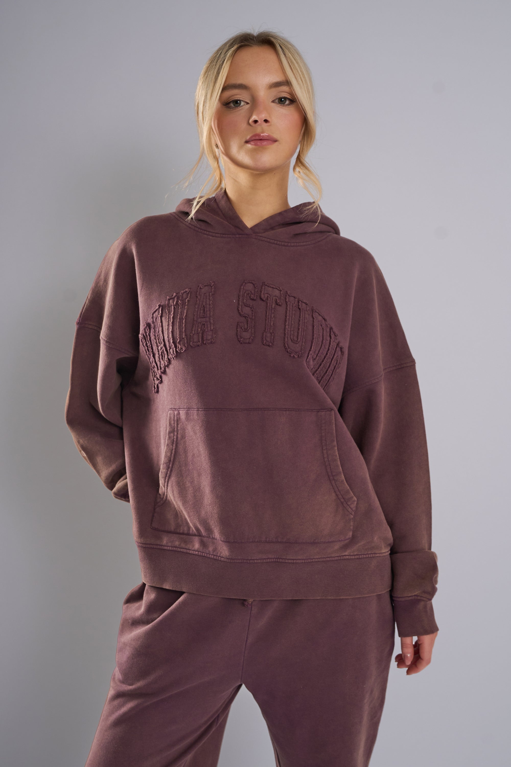 Kaiia Studio Distressed Applique Hoodie Plum