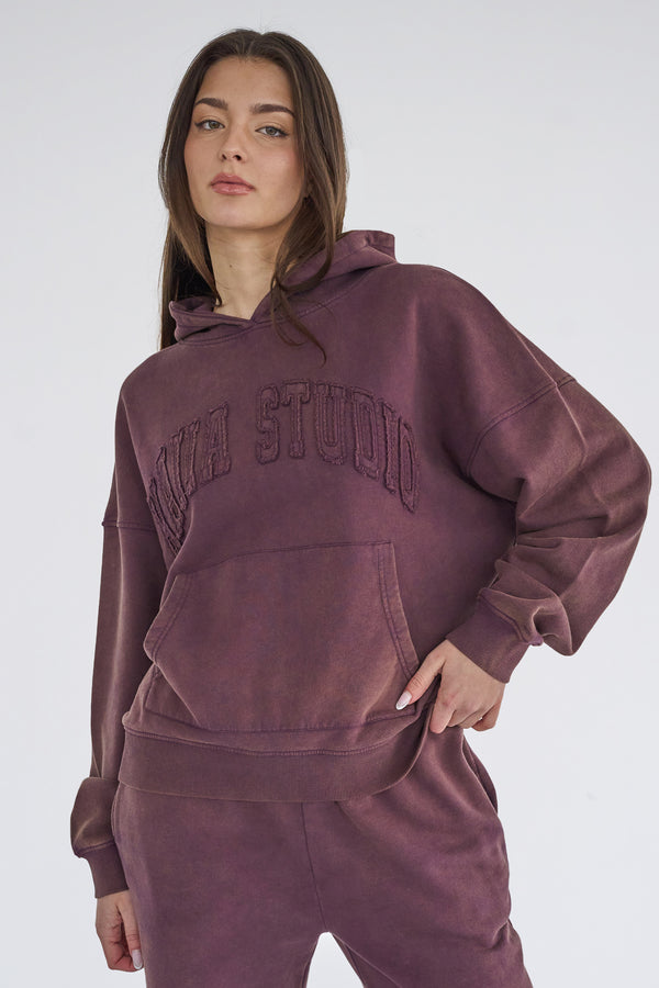 Kaiia Studio Distressed Applique Hoodie Plum