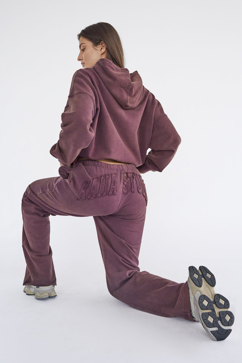 Kaiia Studio Distressed Applique Hoodie Plum