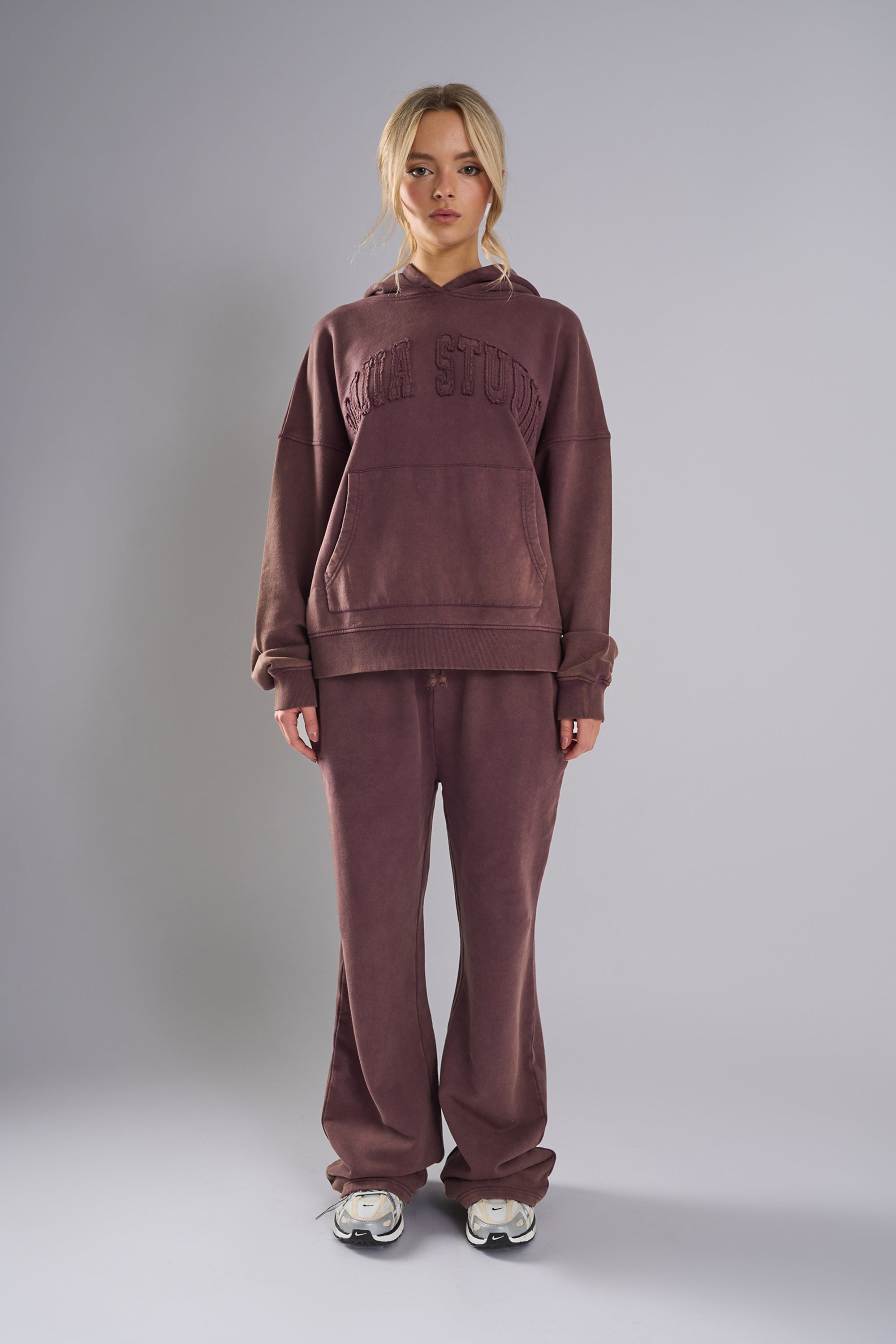 Kaiia Studio Distressed Applique Hoodie Plum