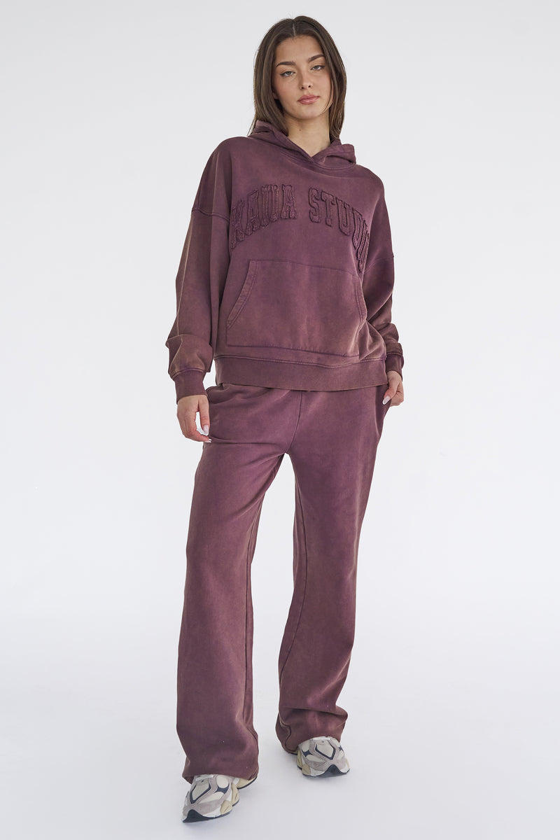 Kaiia Studio Distressed Applique Hoodie Plum