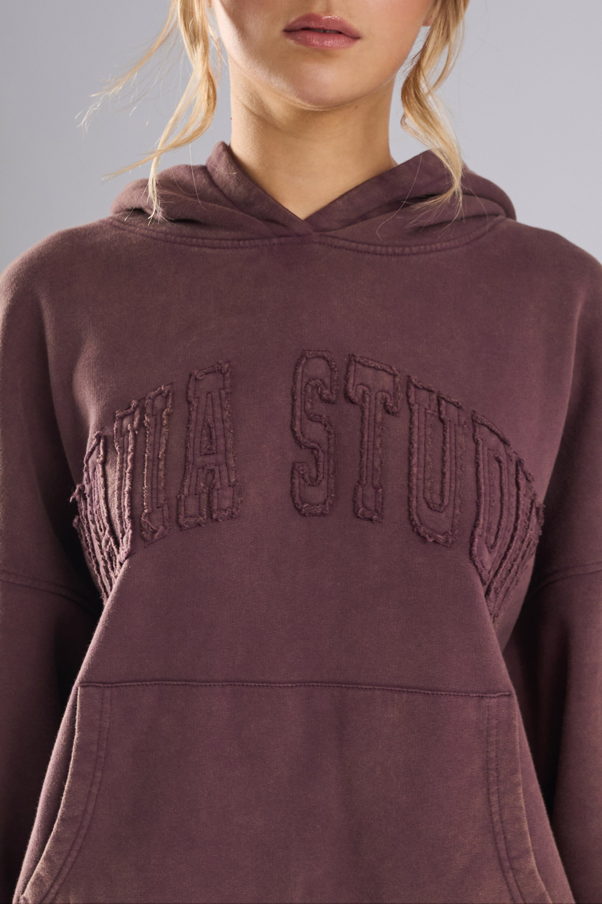 Kaiia Studio Distressed Applique Hoodie Plum