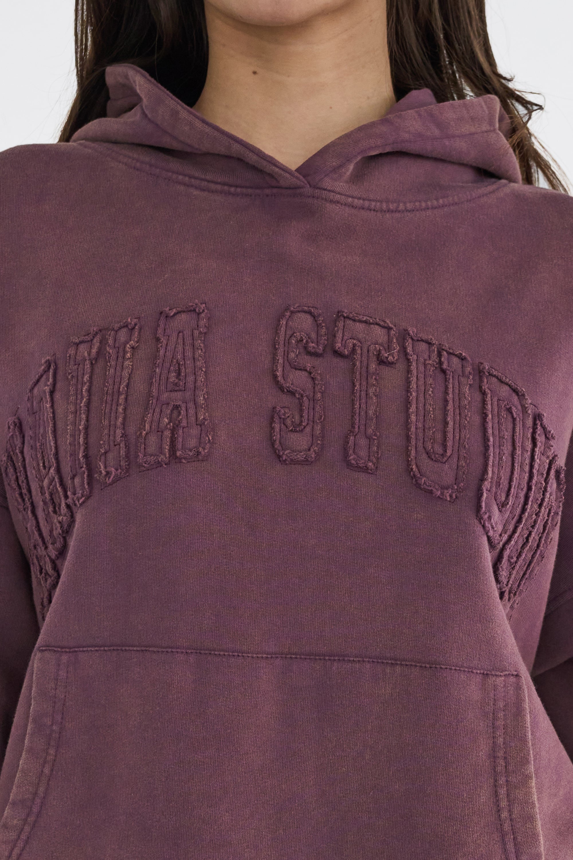 Kaiia Studio Distressed Applique Hoodie Plum