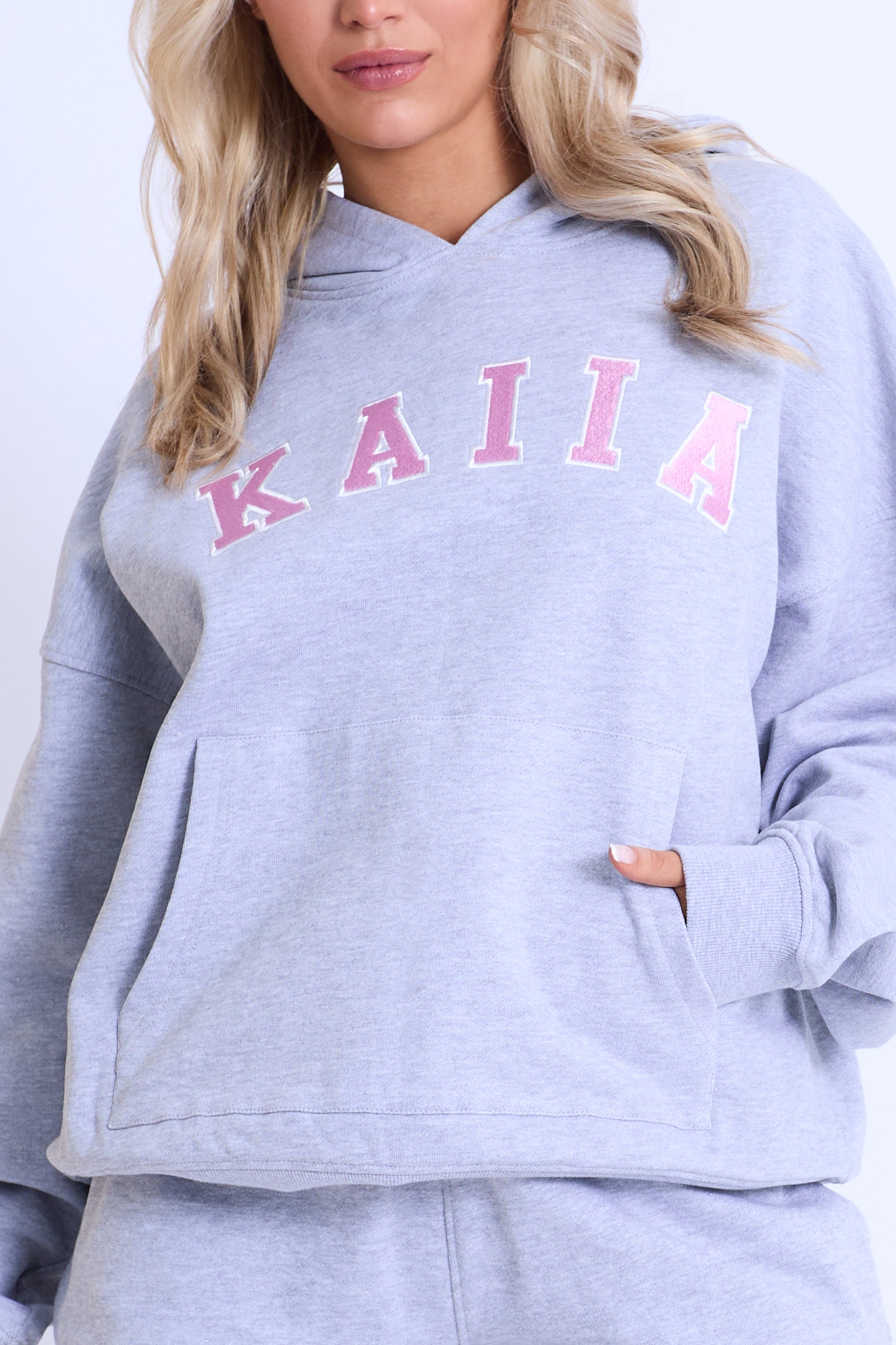 Kaiia Slogan Oversized Hoodie Grey Marl & Pink