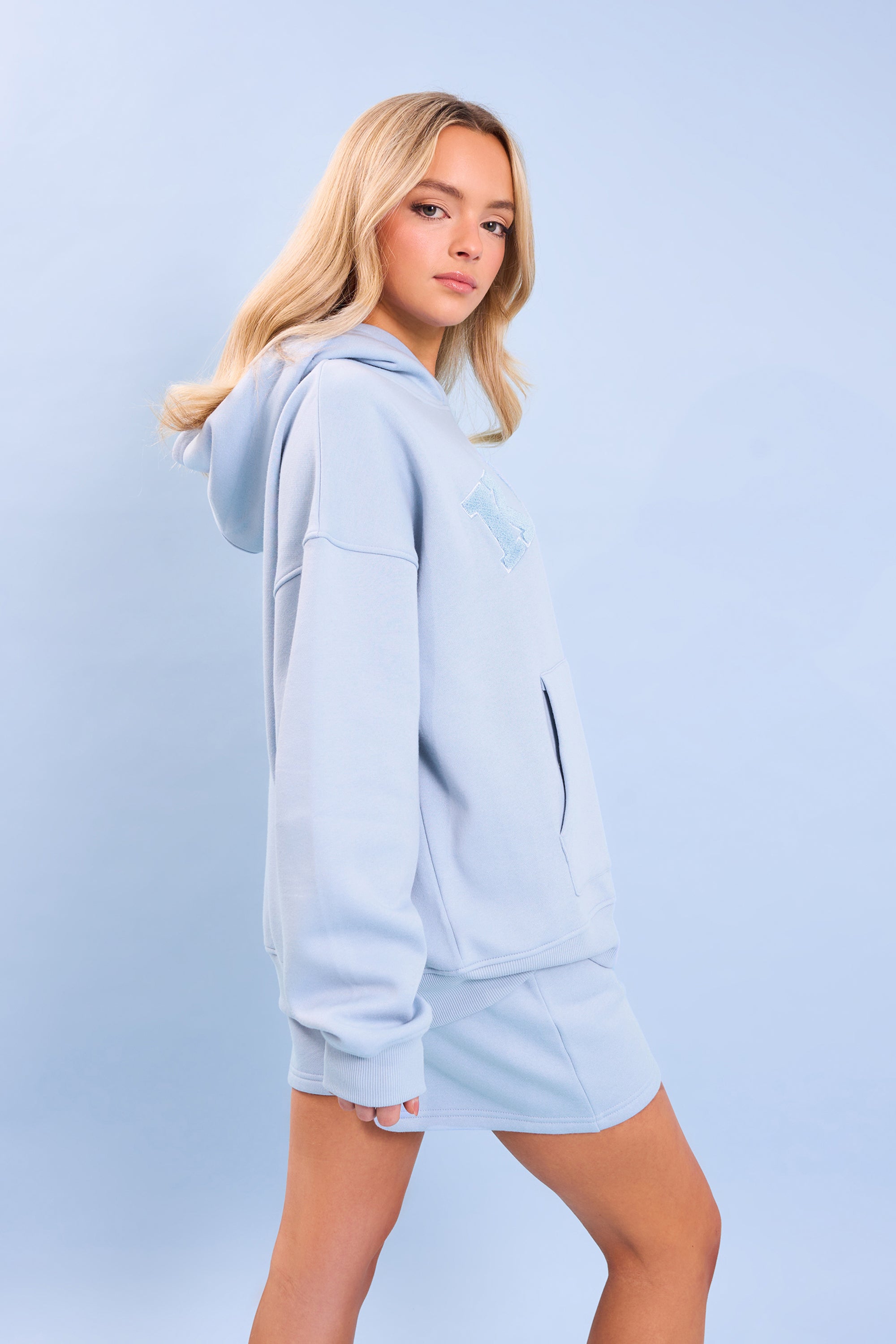 Kaiia Studio Borg Slogan Oversized Hoodie Light Blue