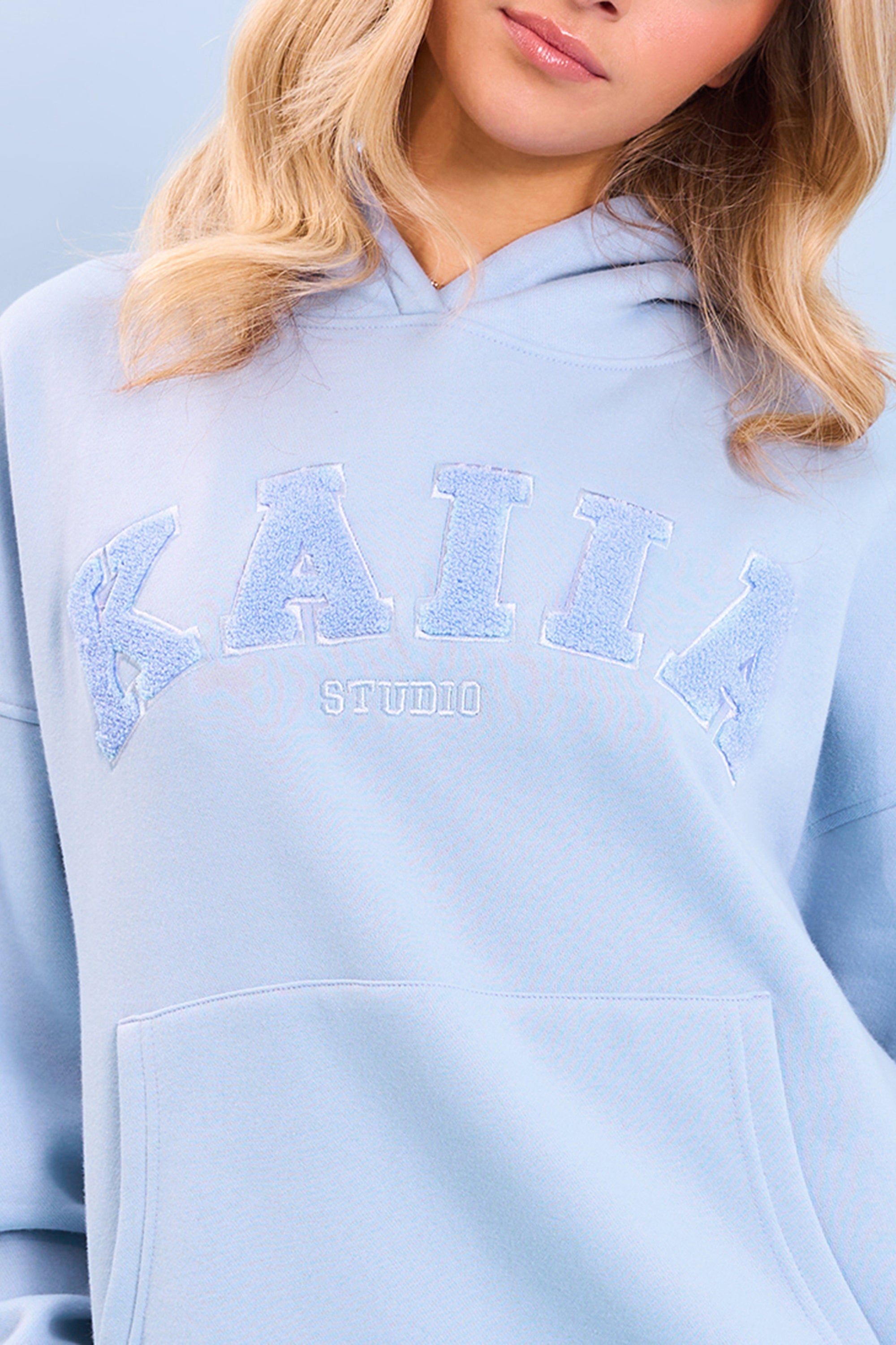 Kaiia Studio Borg Slogan Oversized Hoodie Light Blue