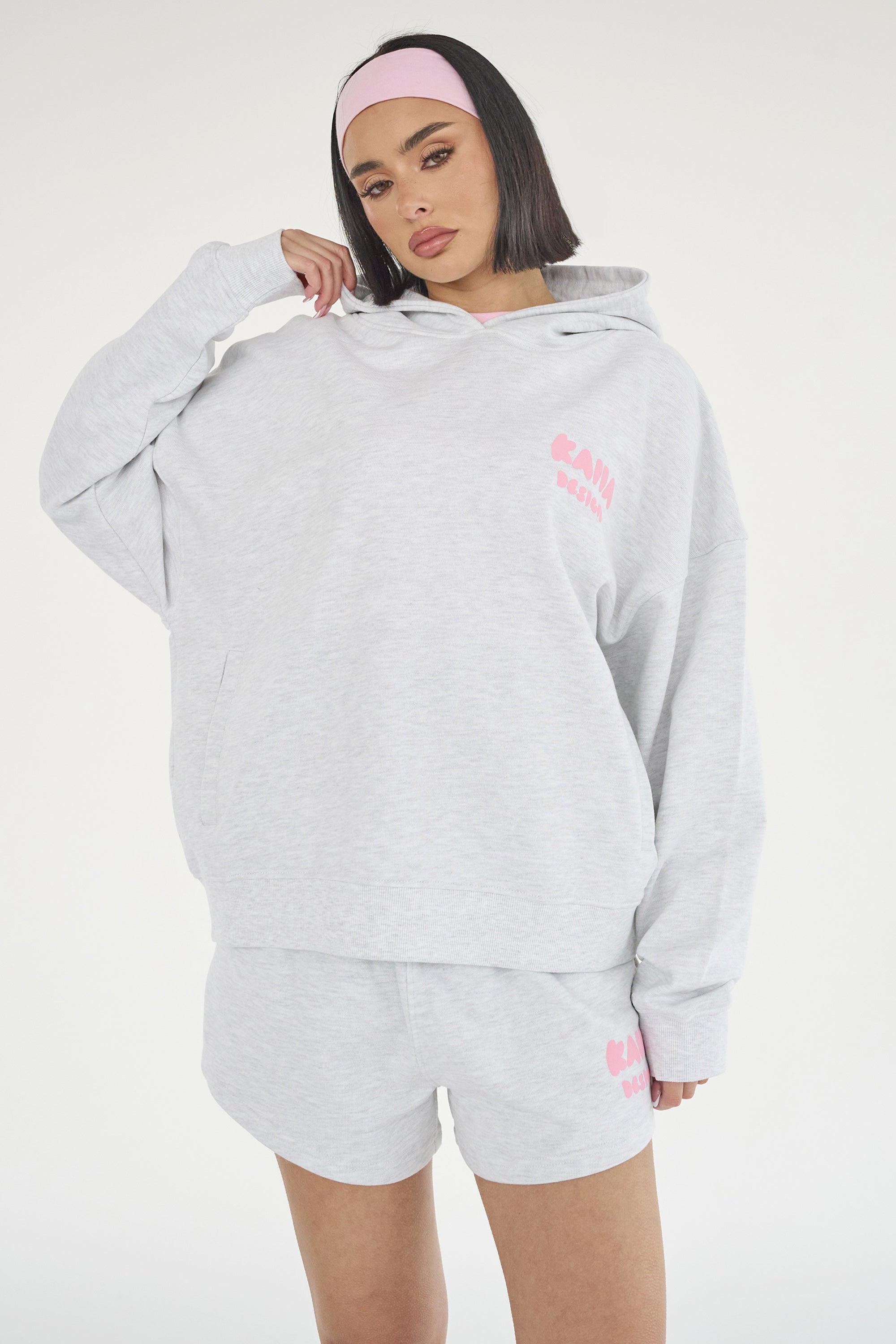 Kaiia Design Bubble Logo Oversized Hoodie Lt Grey Marl & Pink