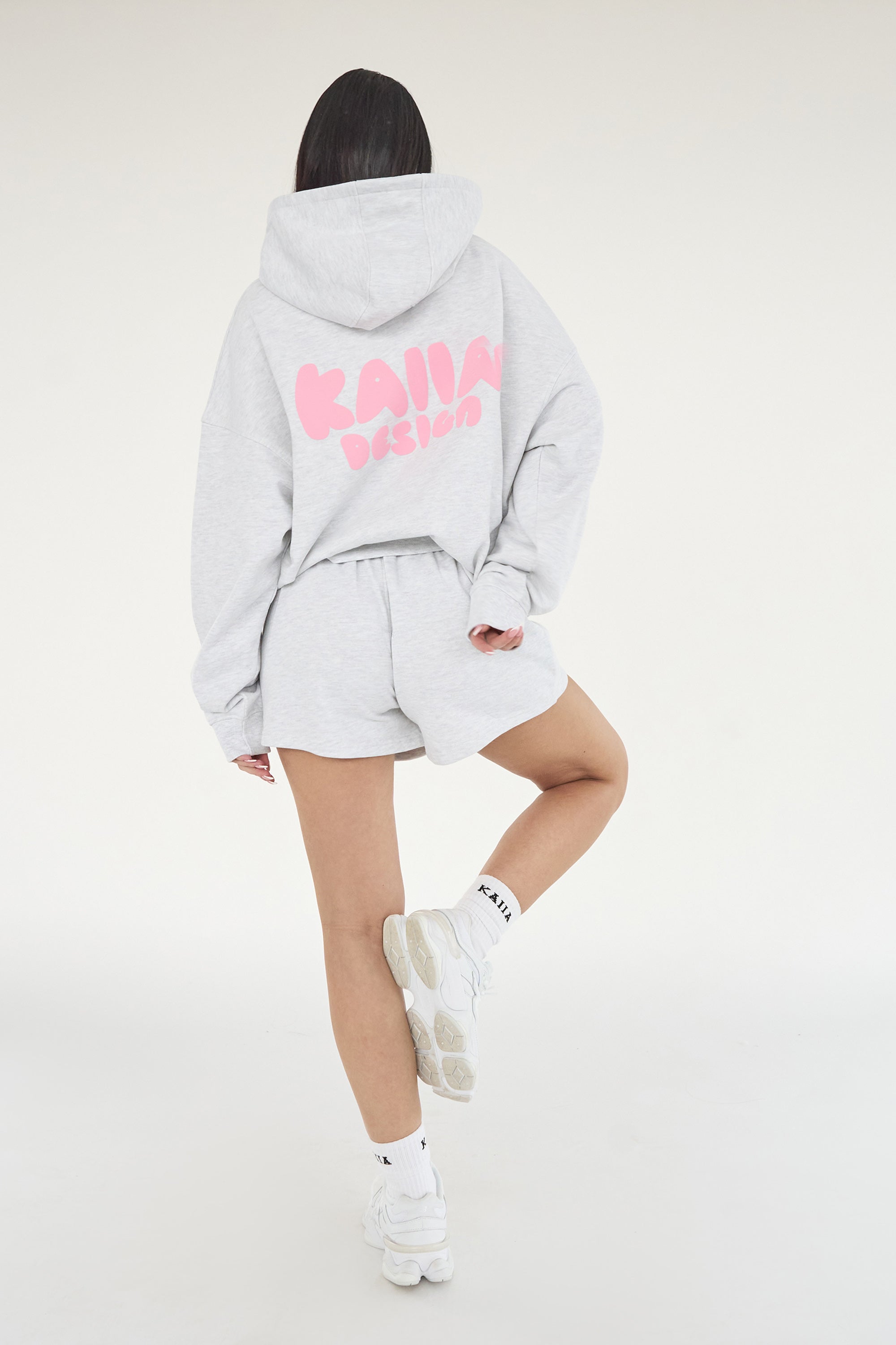 Kaiia Design Bubble Logo Oversized Hoodie Lt Grey Marl & Pink