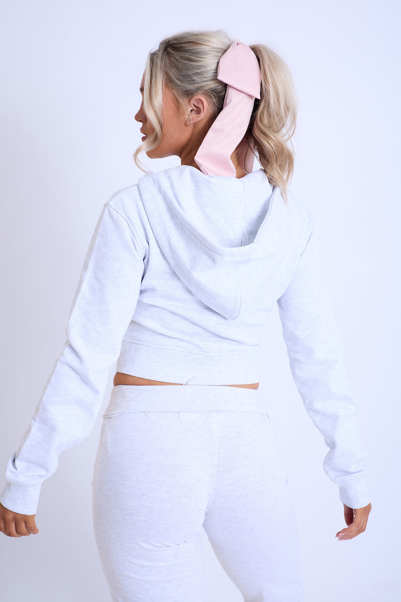 Kaiia Sport Cropped Zip Up Hoodie Light Grey Marl & Pink