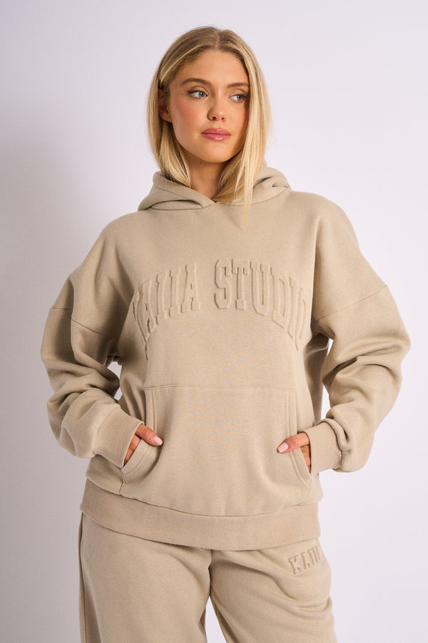 Kaiia Studio Embossed Logo Oversized Hoodie Stone