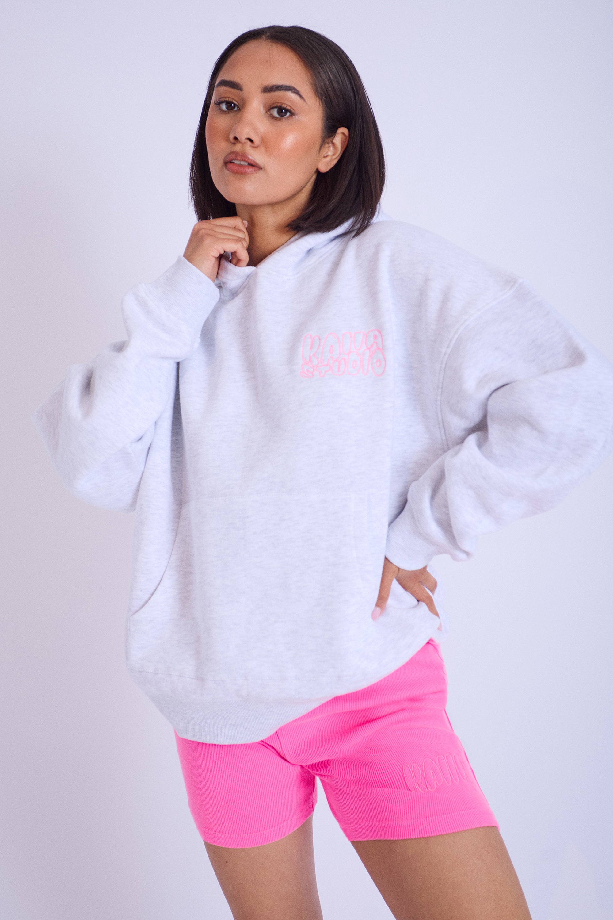 Kaiia Studio Embroidered Bubble Logo Oversized Hoodie Grey Marl & Pink