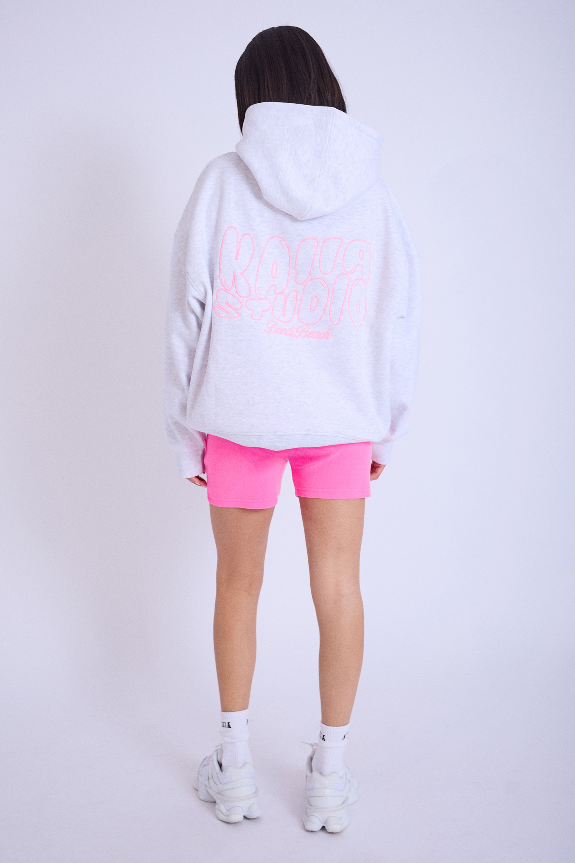 Kaiia Studio Embroidered Bubble Logo Oversized Hoodie Grey Marl & Pink