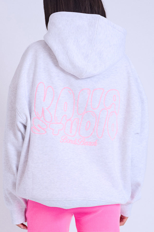 Kaiia Studio Embroidered Bubble Logo Oversized Hoodie Grey Marl & Pink