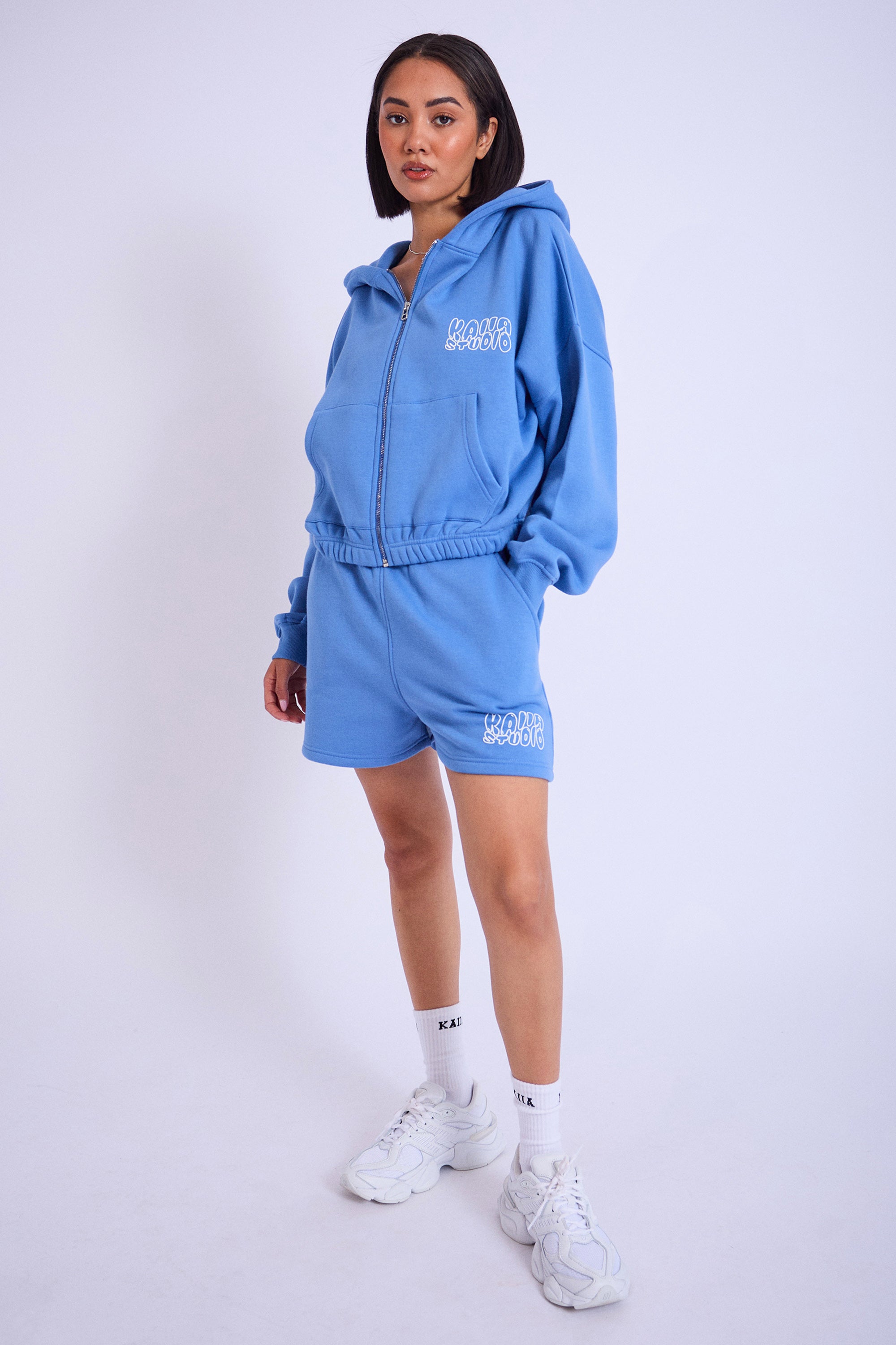 Kaiia Studio Cropped Oversized Zip Up Hoodie Blue