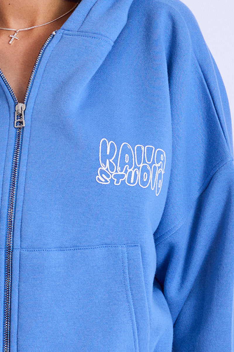 Kaiia Studio Cropped Oversized Zip Up Hoodie Blue