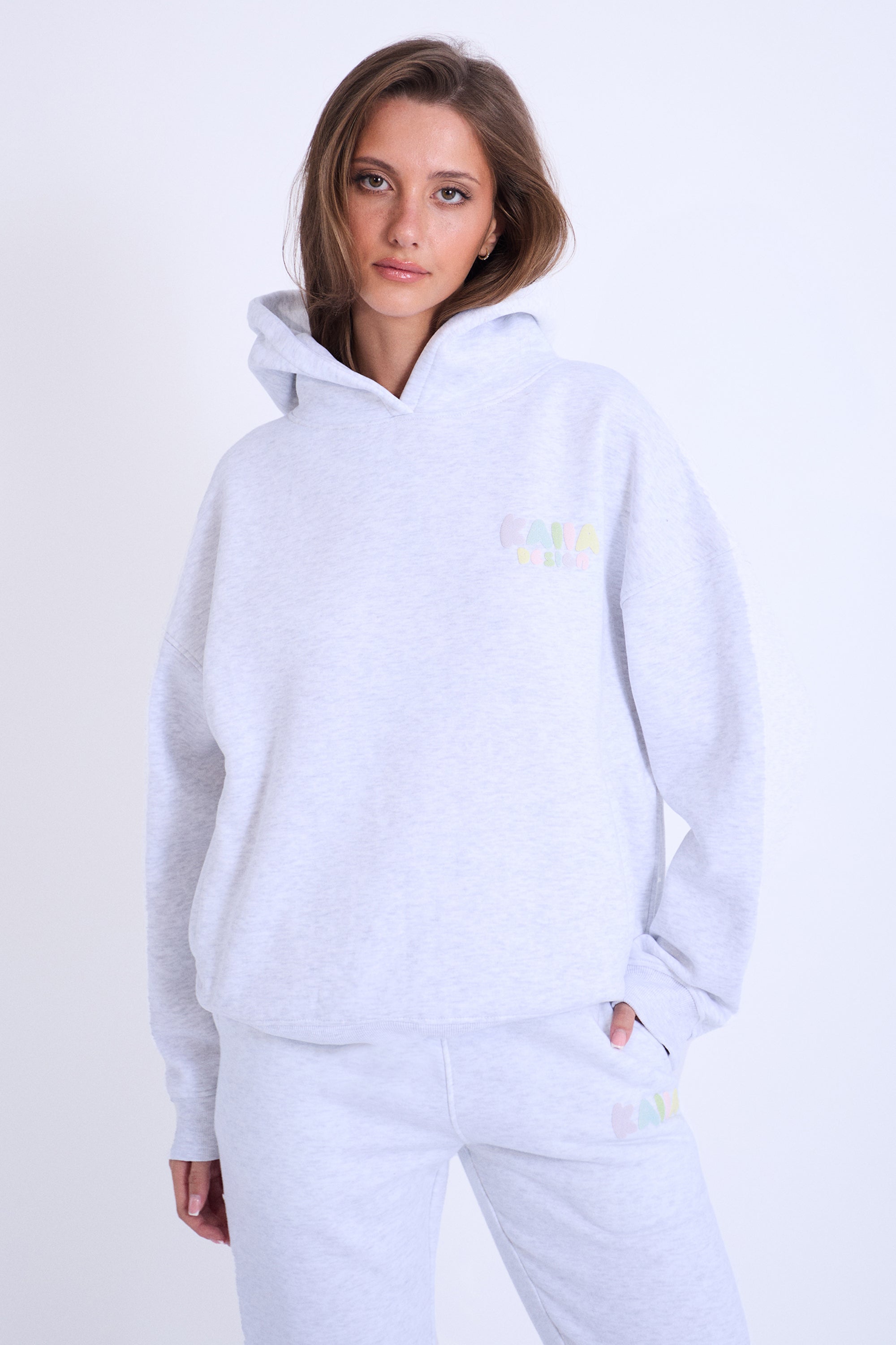 Kaiia Design Bubble Logo Oversized Hoodie in Light Grey Marl & Rainbow