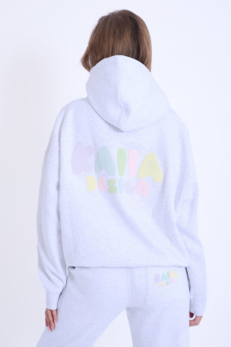 Kaiia Design Bubble Logo Oversized Hoodie in Light Grey Marl & Rainbow