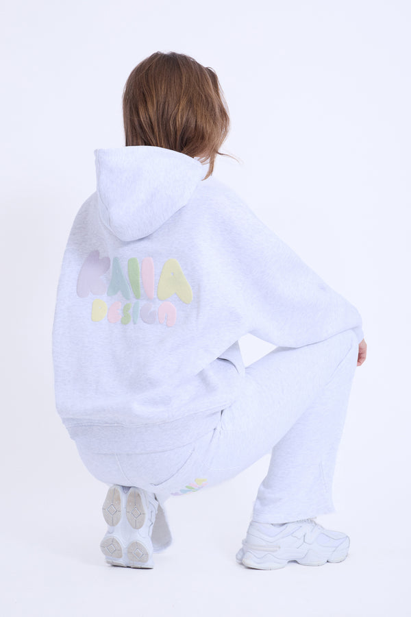 Kaiia Design Bubble Logo Oversized Hoodie in Light Grey Marl & Rainbow