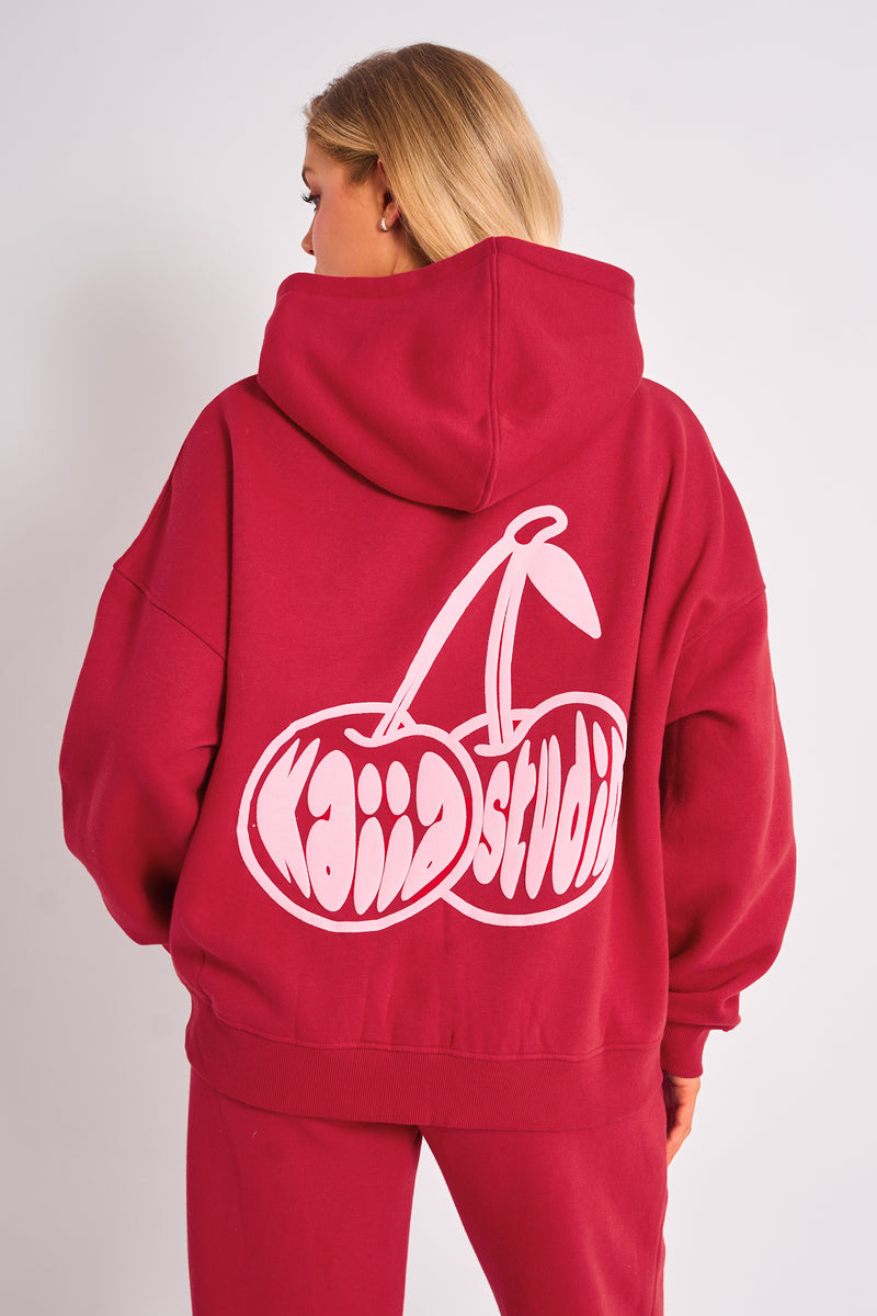 Kaiia Studio Cherry Graphic Oversized Hoodie Red & Pink