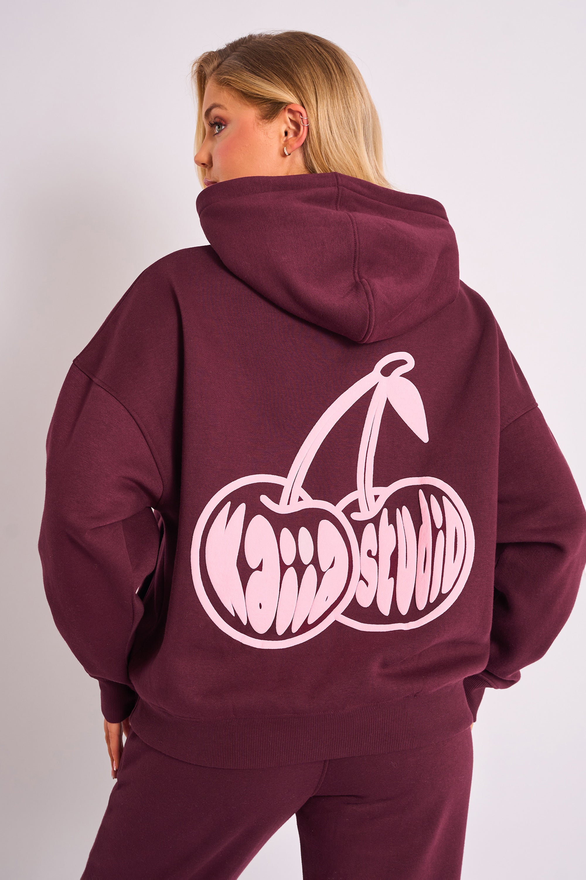 Kaiia Cherry Graphic Oversized Hoodie Plum & Pink