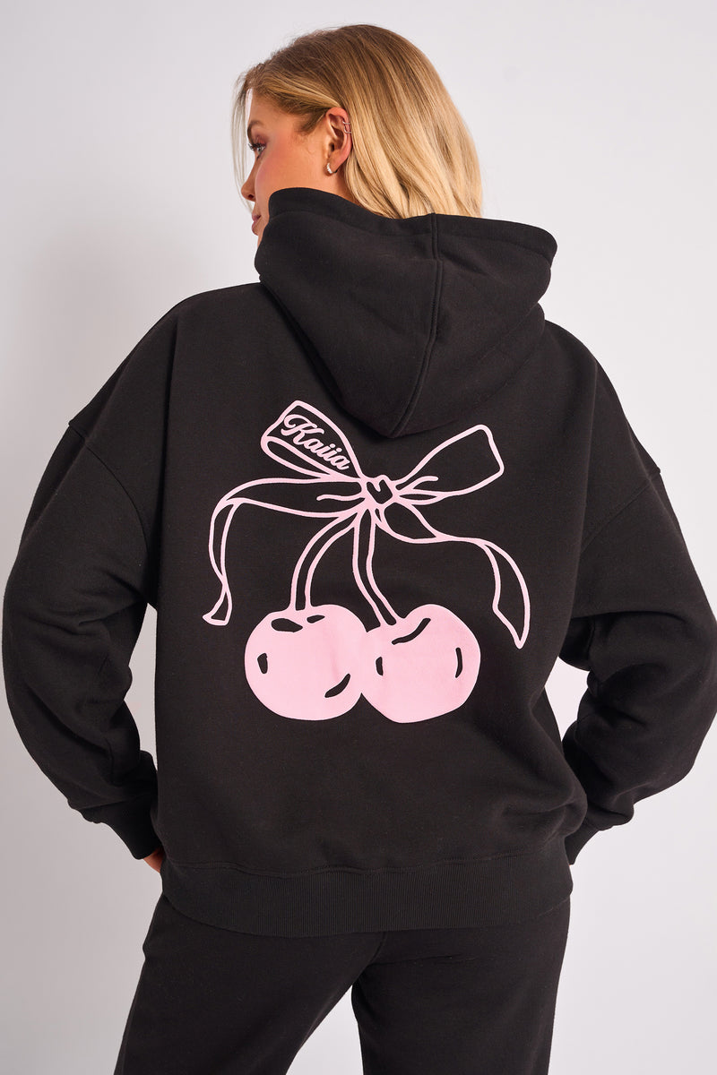 Kaiia Cherry Bow Graphic Oversized Hoodie Black & Pink