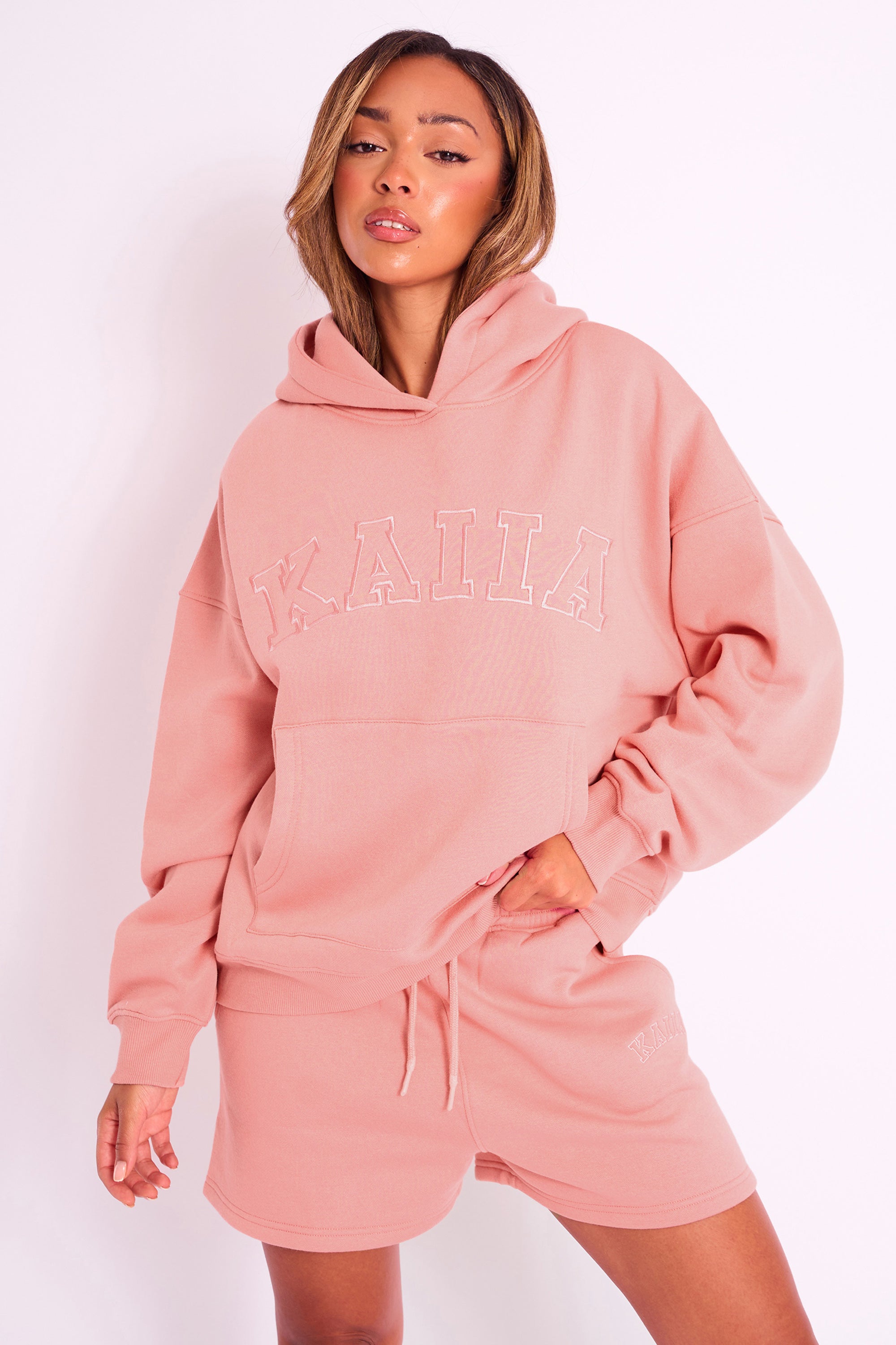 Kaiia Slogan Oversized Hoodie Coral