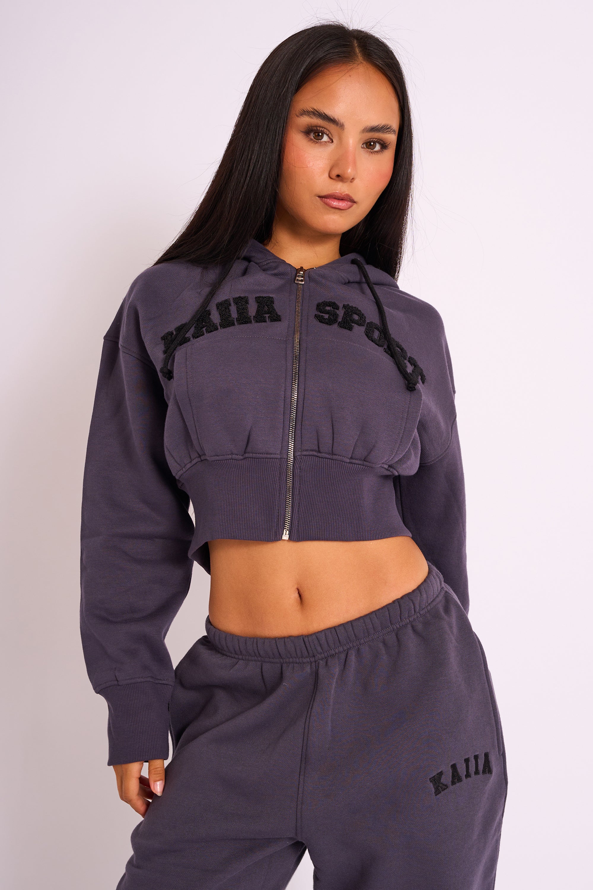 Kaiia Sport Logo Zip Through Cropped Hoodie Dark Grey