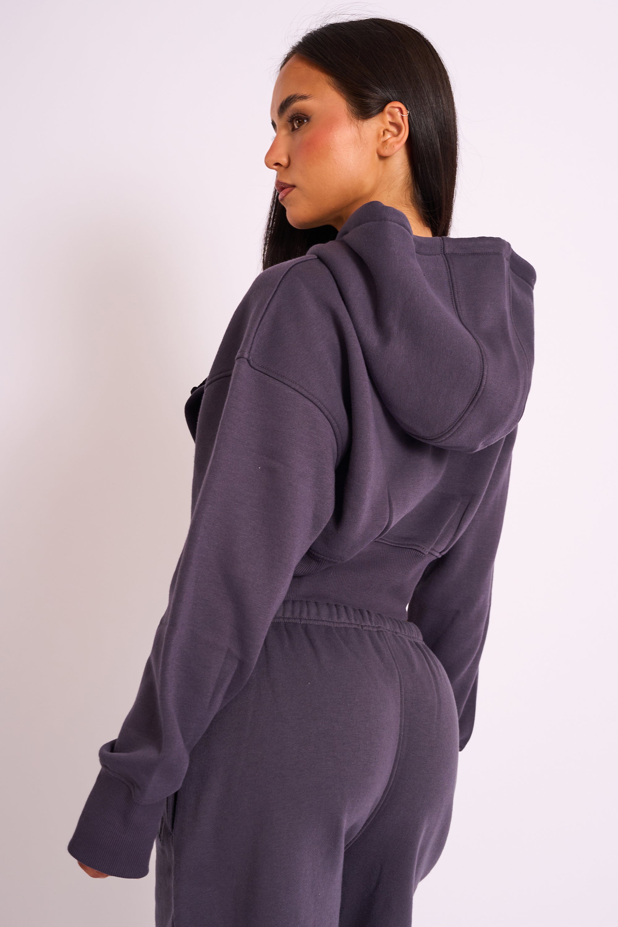 Kaiia Sport Logo Zip Through Cropped Hoodie Dark Grey