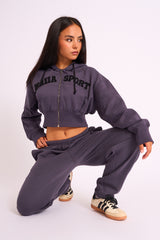 Kaiia Sport Logo Zip Through Cropped Hoodie Dark Grey