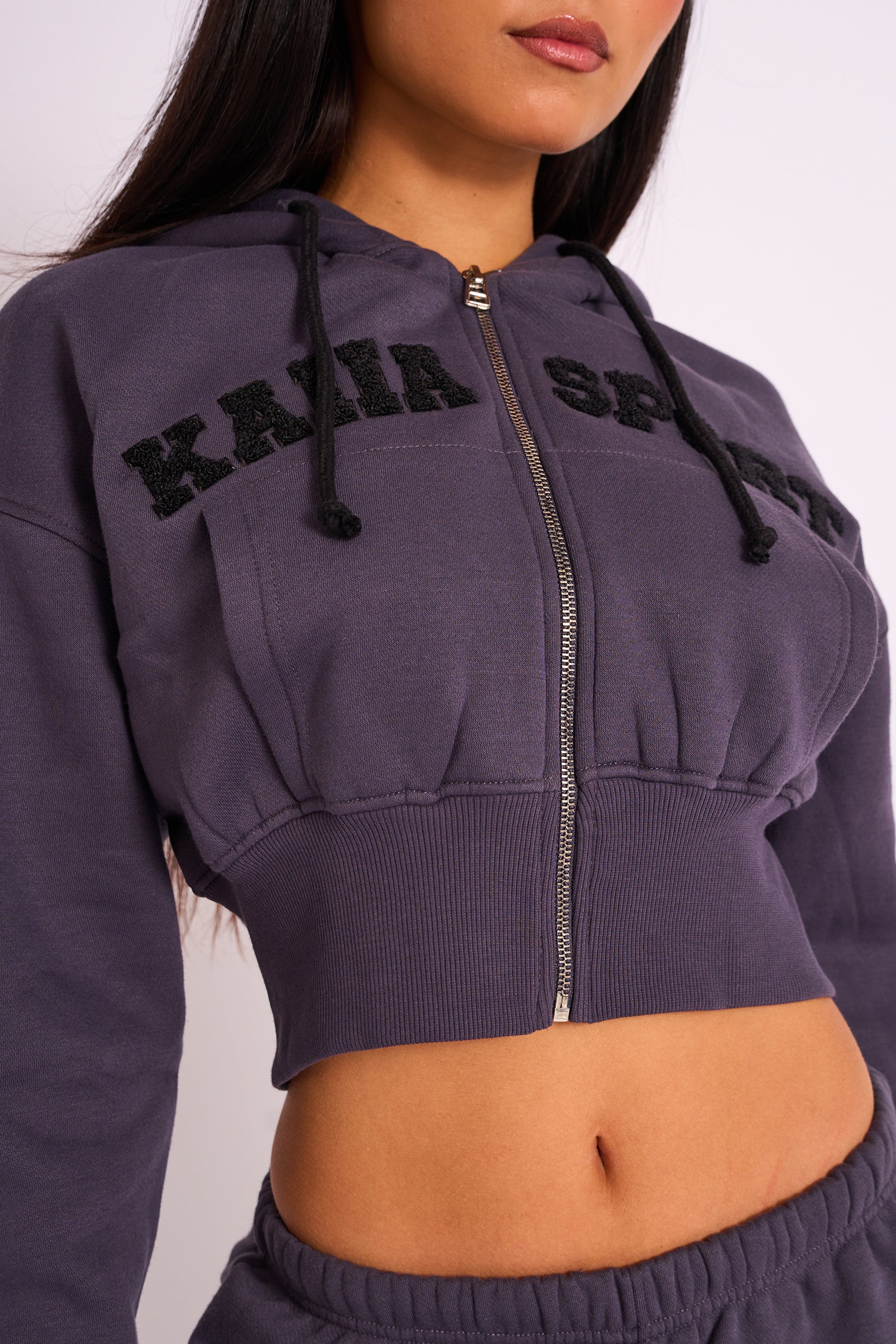 Kaiia Sport Logo Zip Through Cropped Hoodie Dark Grey