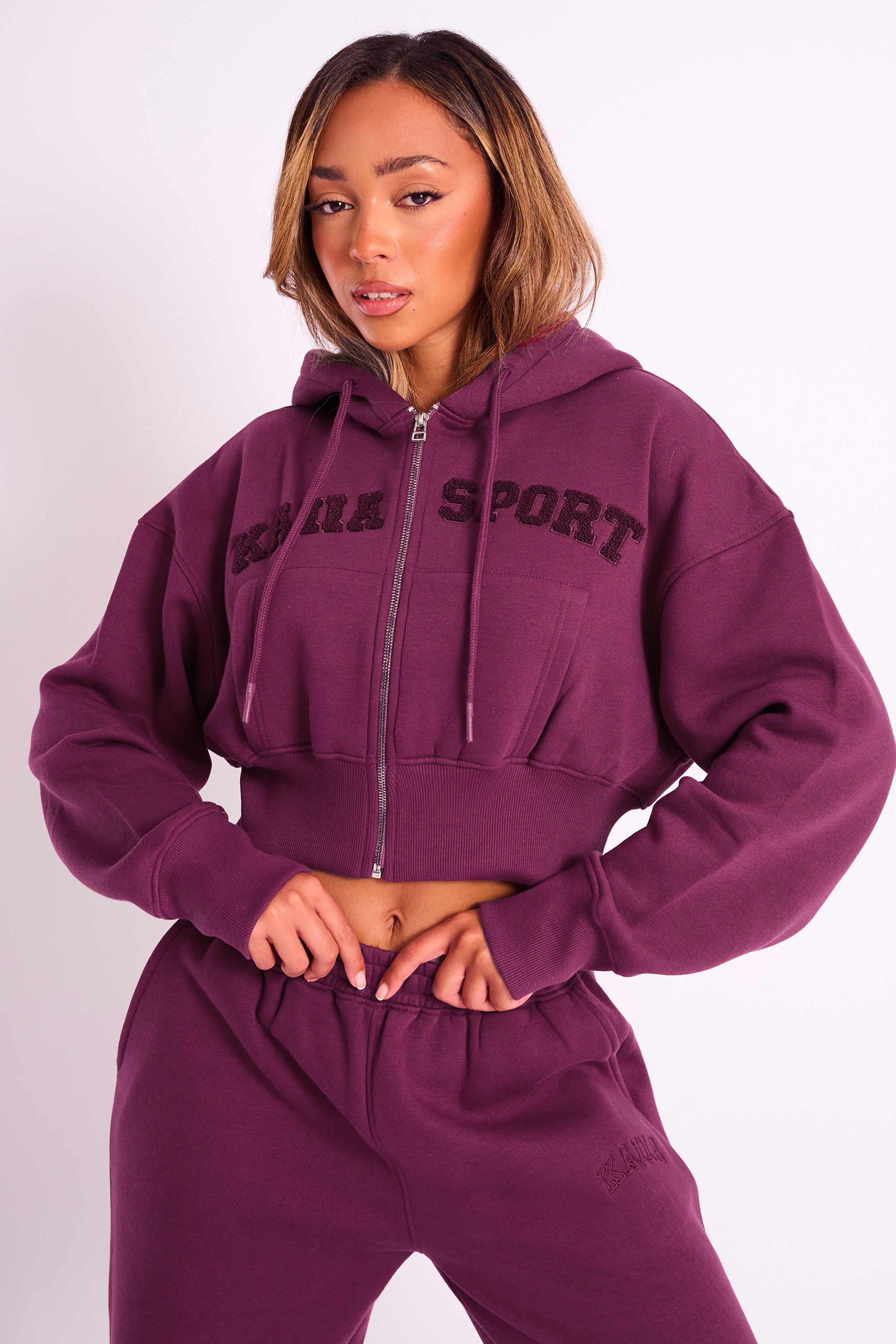 Kaiia Sport Logo Zip Through Cropped Hoodie Burgundy