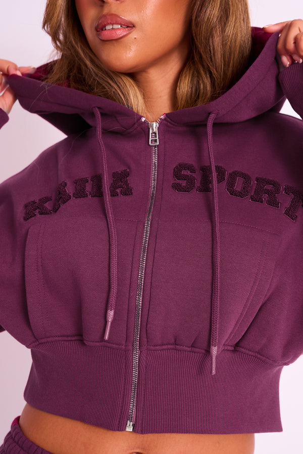 Kaiia Sport Logo Zip Through Cropped Hoodie Burgundy