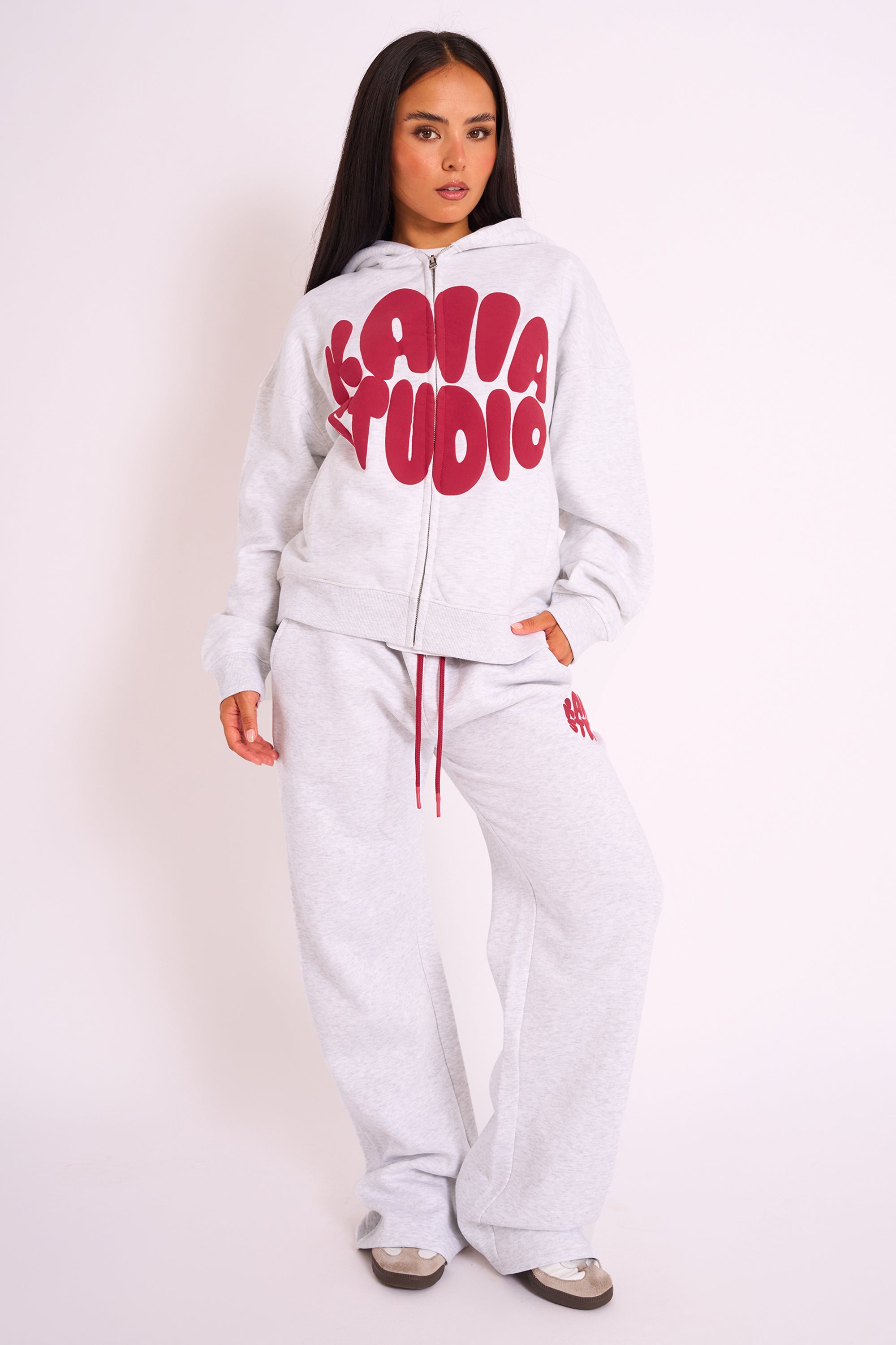 Kaiia Studio Bubble Logo Zip Up Hoodie Grey Marl & Red