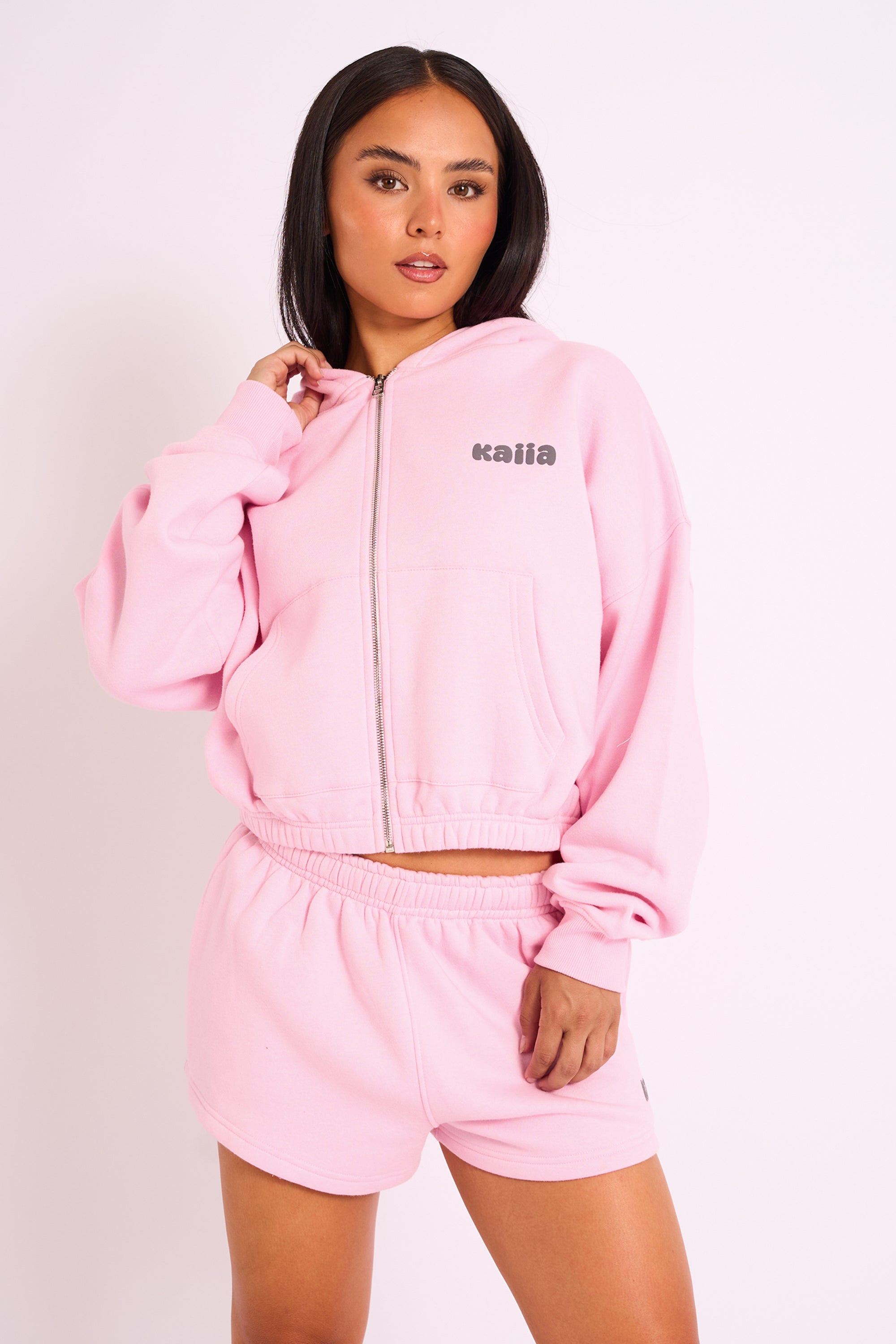 Kaiia Studio Bubble Logo Zip Through Crop Hoodie Pink