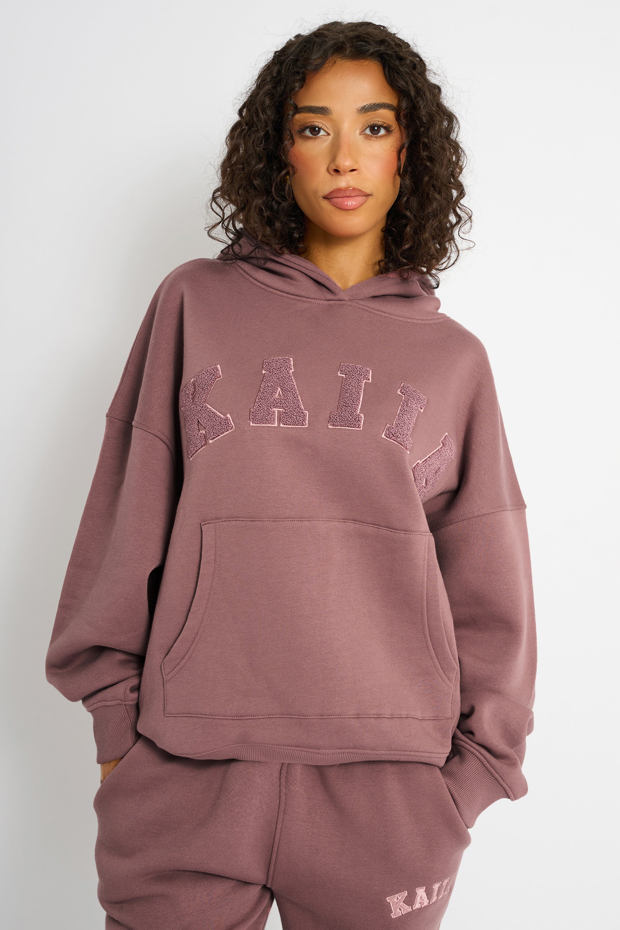 Kaiia Borg Slogan Oversized Hoodie Rose