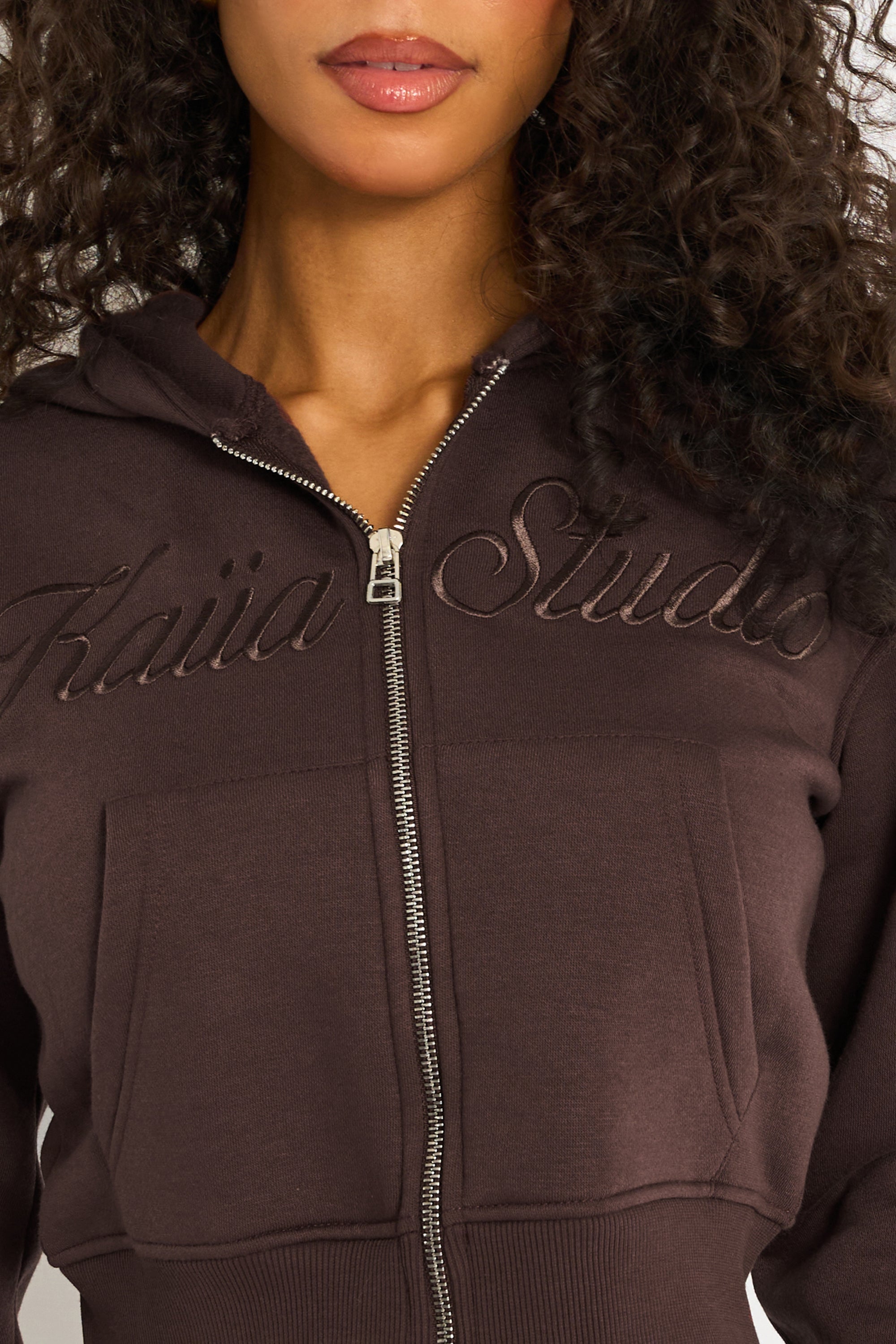 Kaiia Studio Script Logo Cropped Zip Up Hoodie Mocha