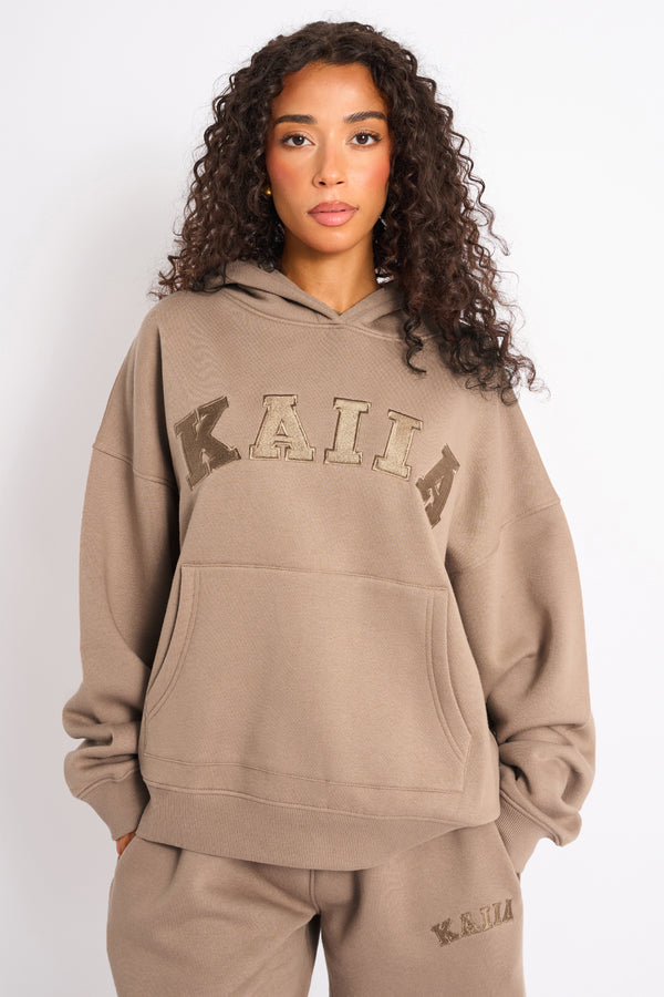 Kaiia Slogan Oversized Hoodie Latte